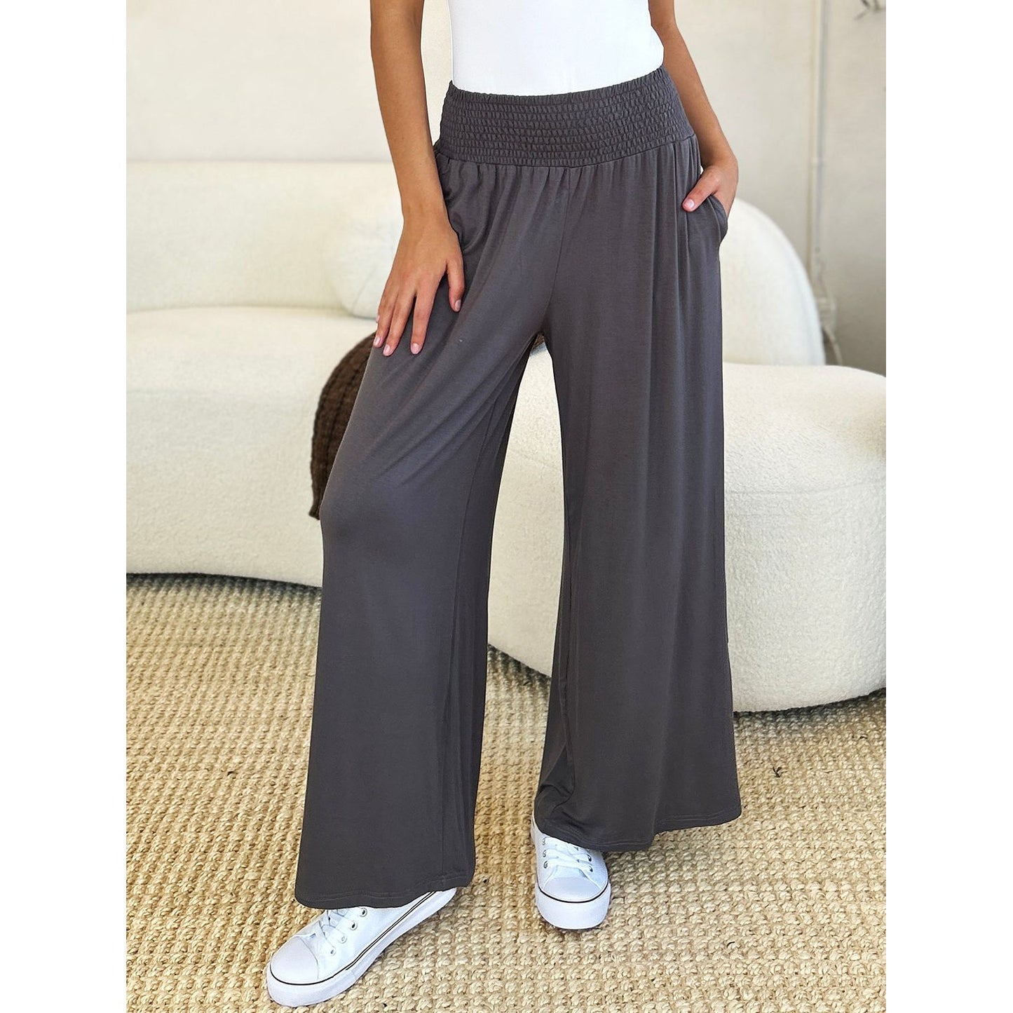 Double Take Full Size Smocked Wide Waistband Wide Leg Pants