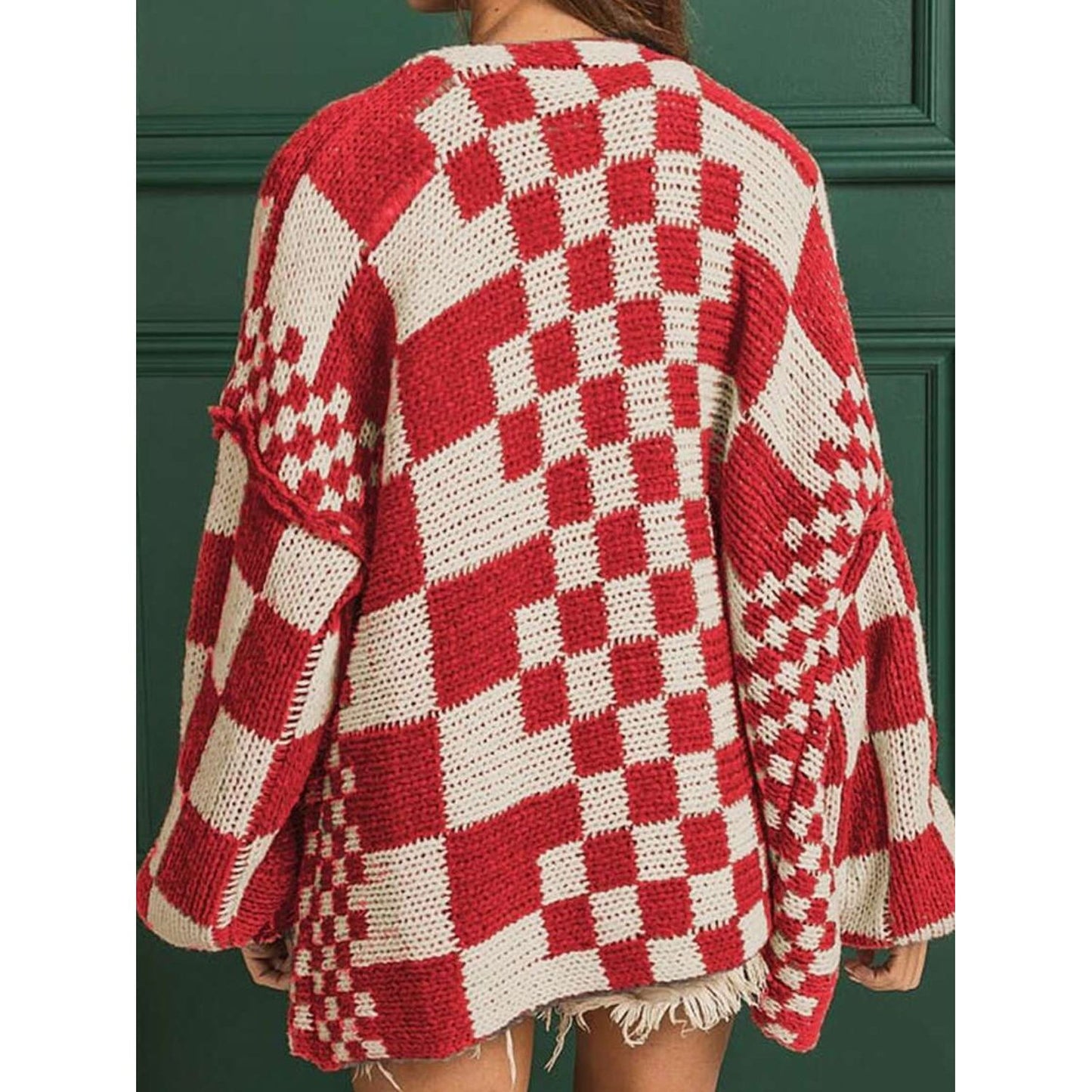 Checkered Open Front Long Sleeve Cardigan