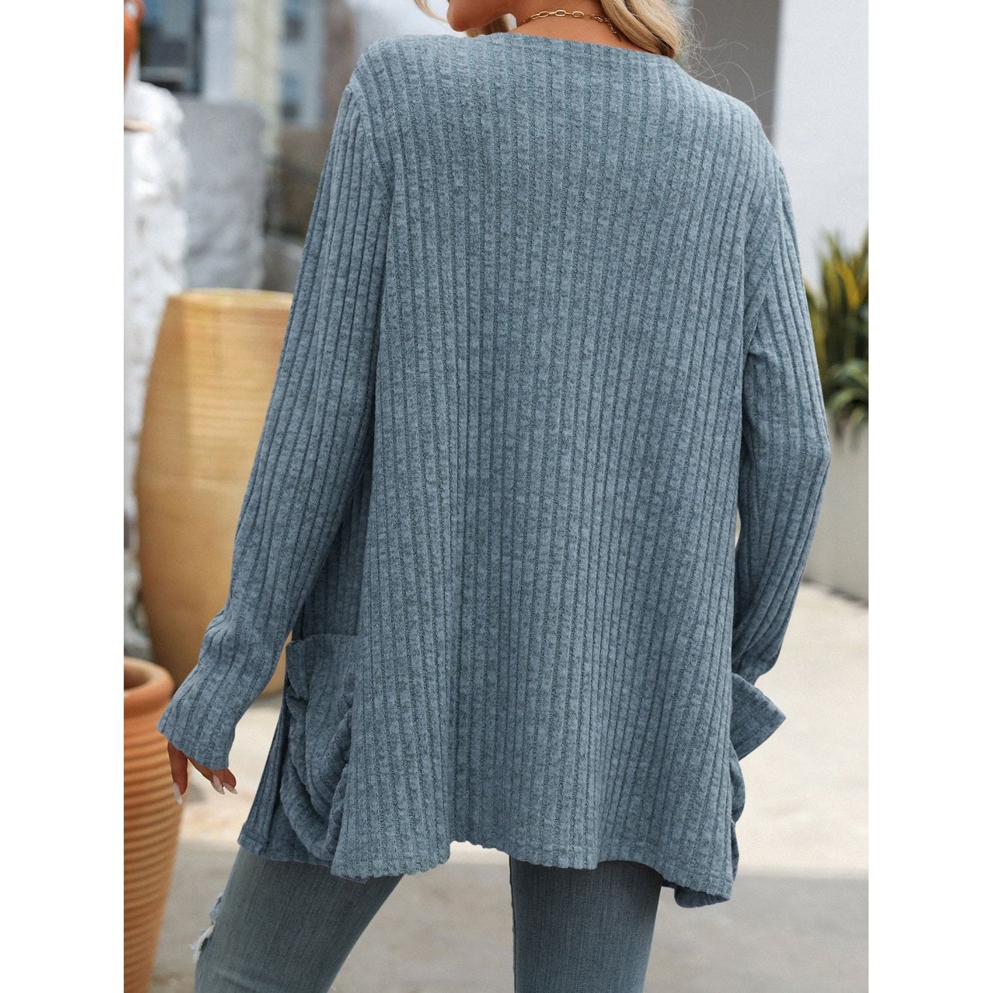 Open Front Long Sleeve Ribbed Cardigan