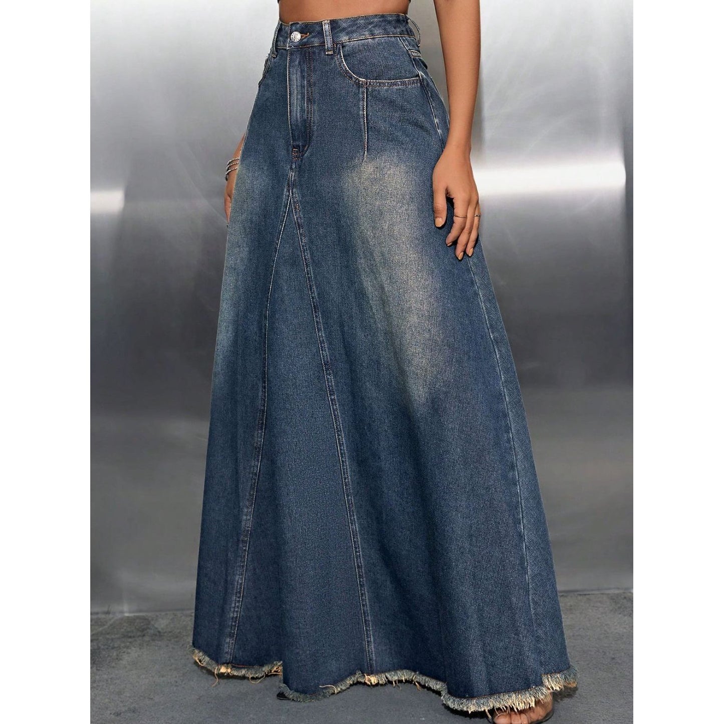 Raw Hem High Waist Denim Skirt with Pockets