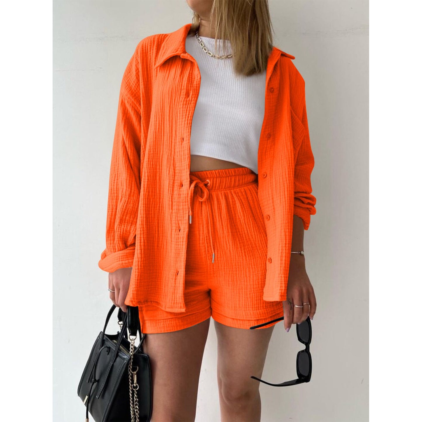 Texture Button Up Shirt and Drawstring Shorts Set