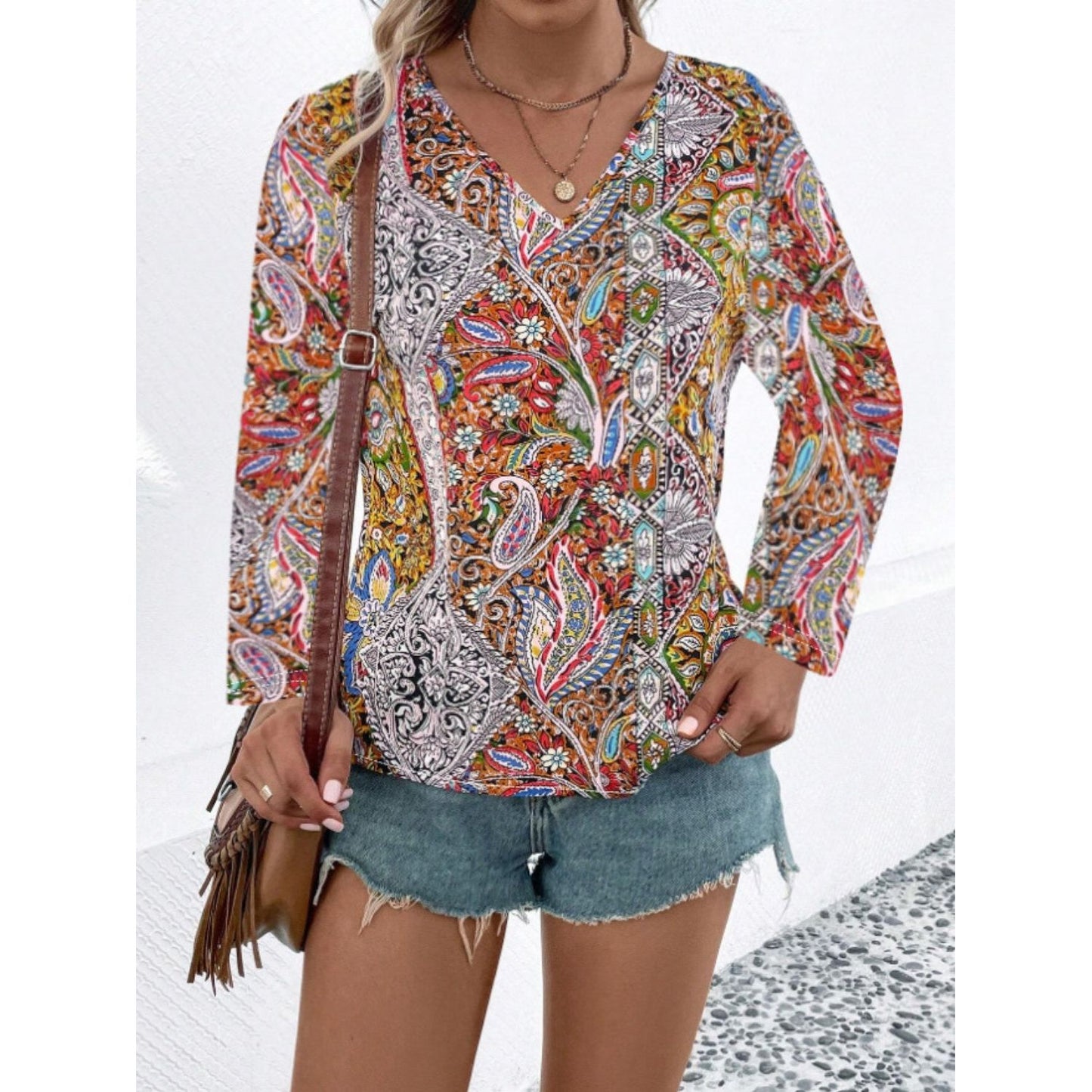 Printed V-Neck Long Sleeve Blouse