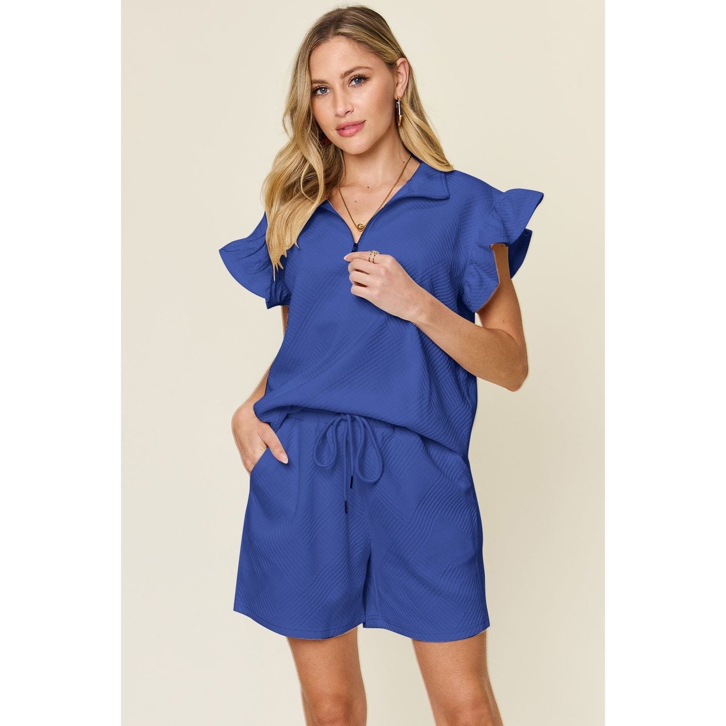 Double Take Full Size Texture Flounce Sleeve Top and Drawstring Shorts Set