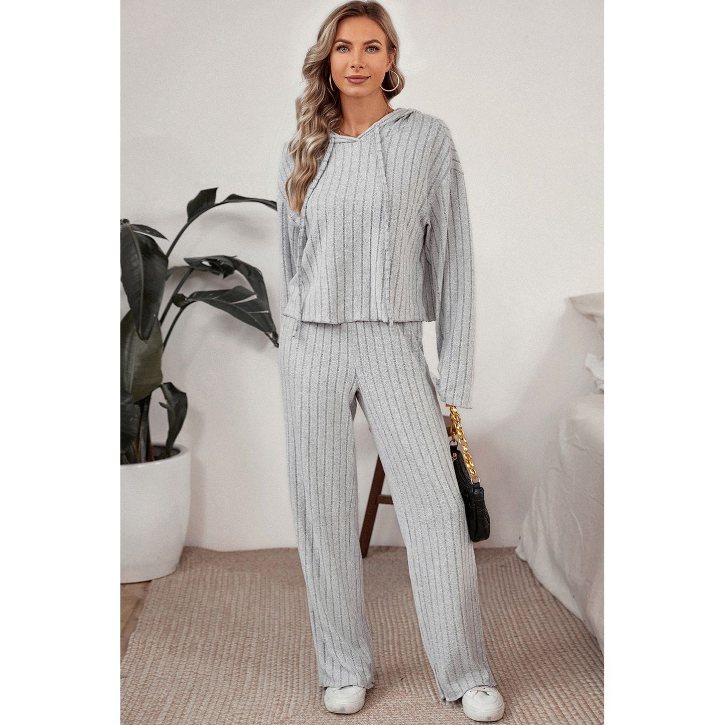 Ribbed Drawstring Hoodie and Pants Lounge Set