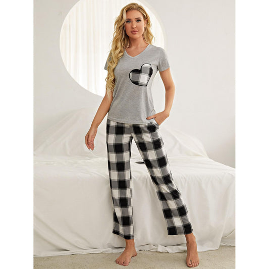 Plaid Heart Tee and Pants Lounge Set with Pockets