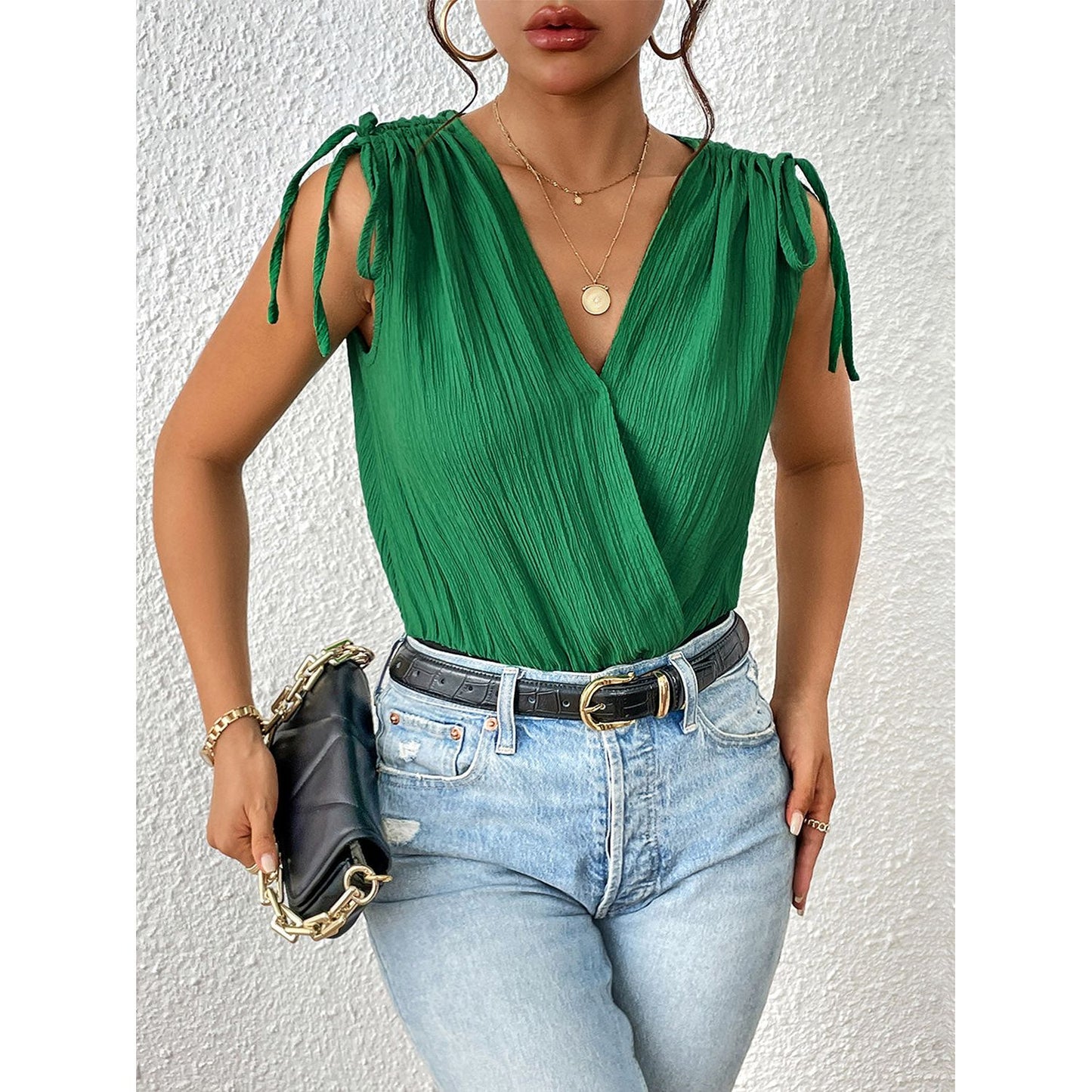 Perfee Surplice Tie-Shoulder Bodysuit