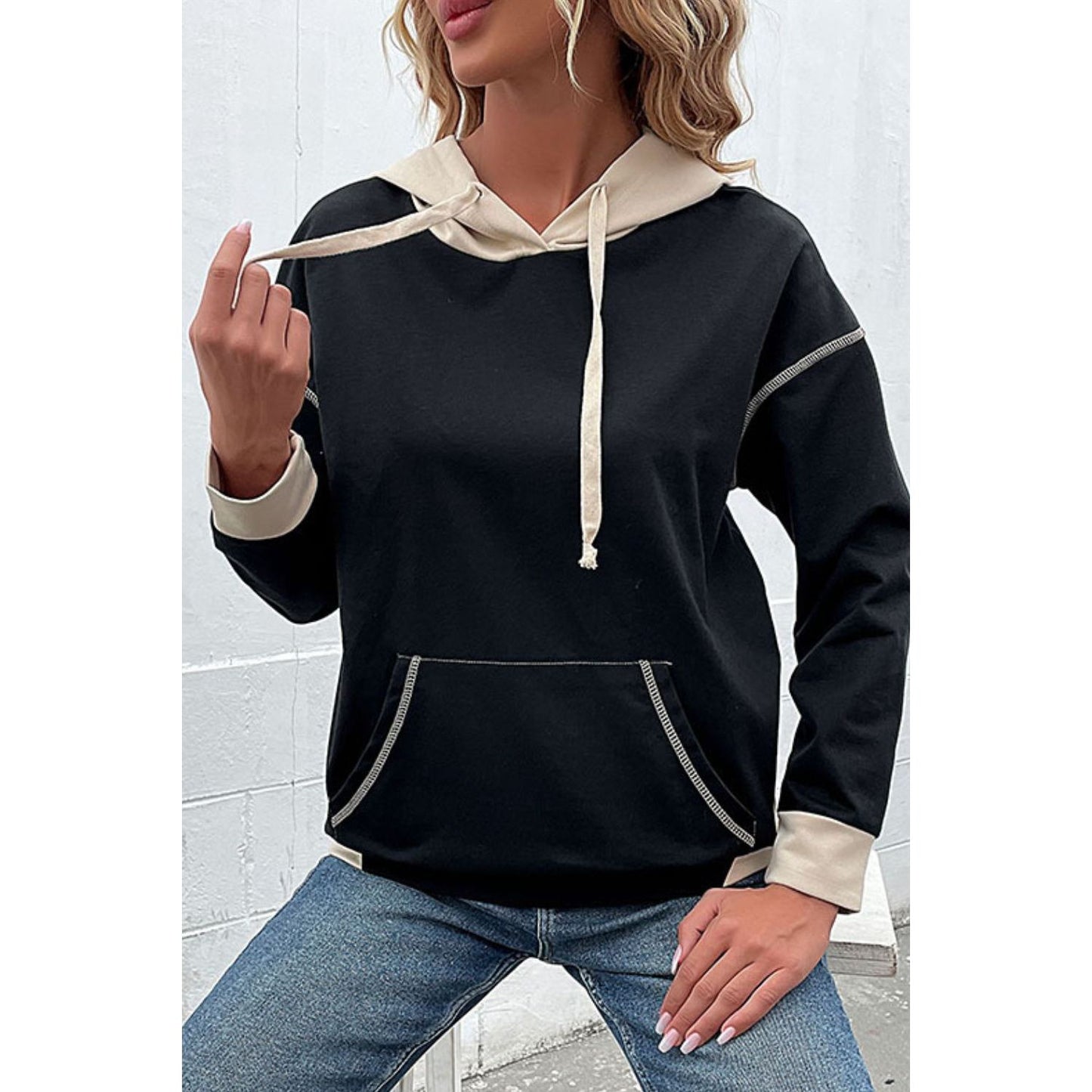 Perfee Contrast Drawstring Detail Drop Shoulder Hoodie