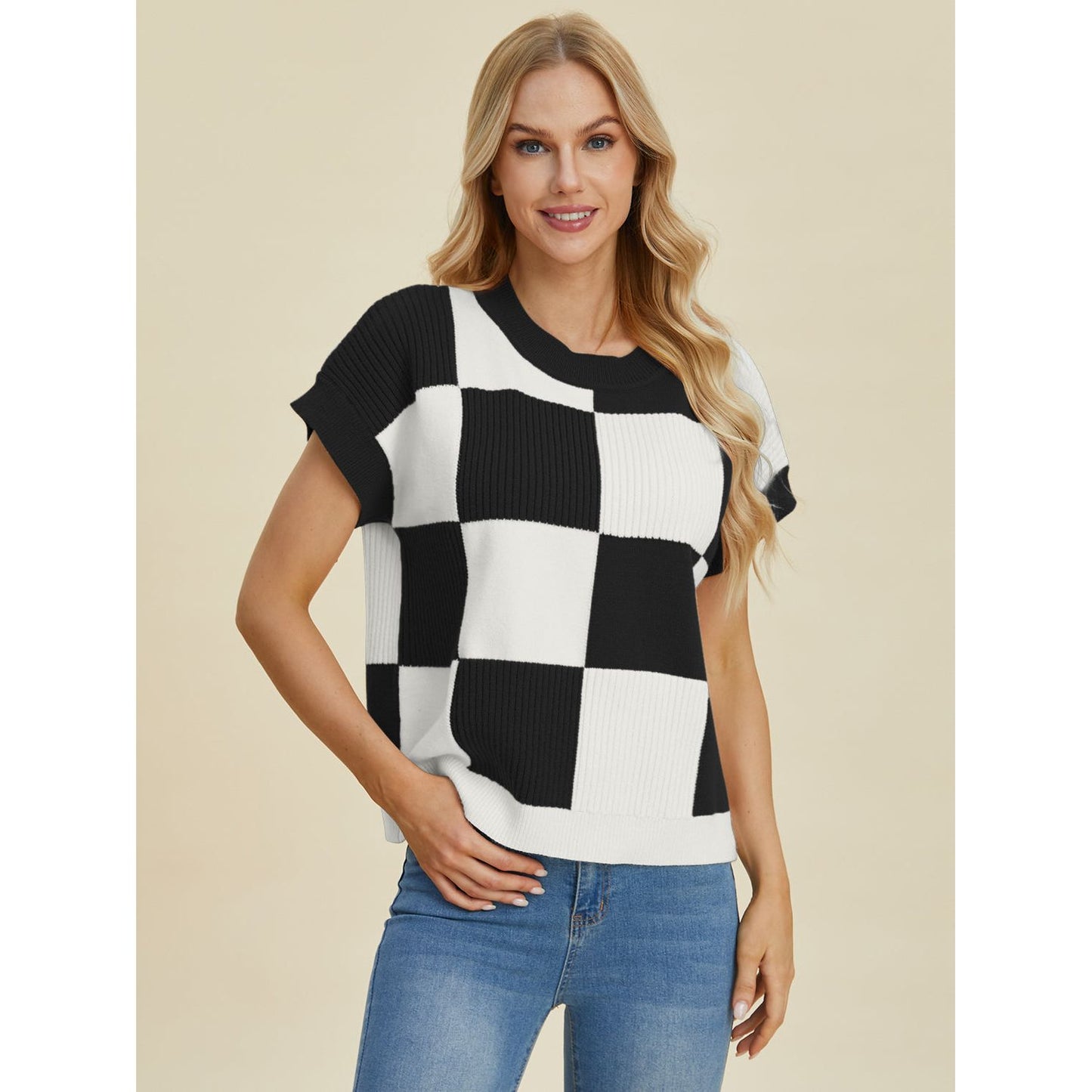 Double Take Full Size Checkered Round Neck Short Sleeve Sweater