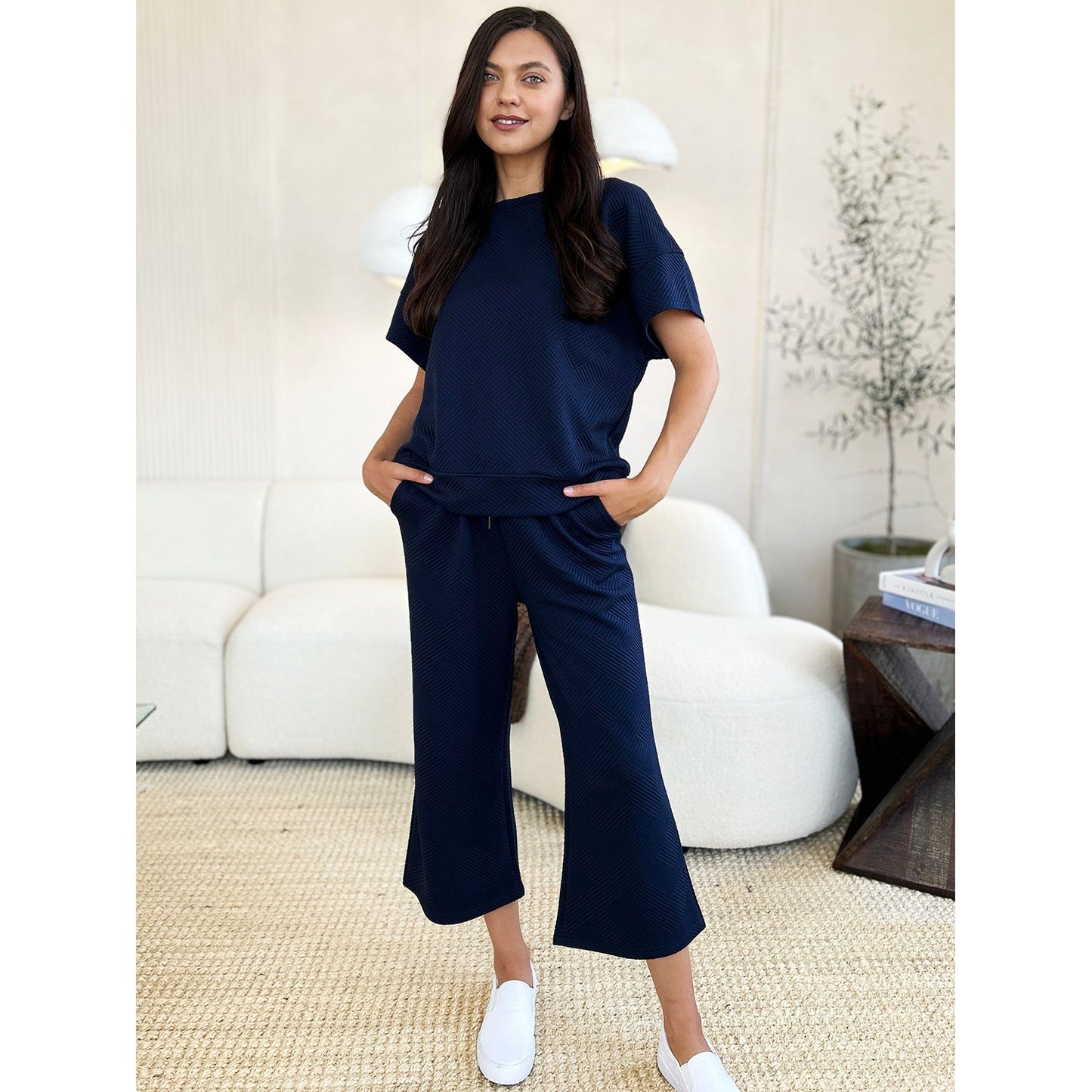 Double Take Full Size Texture Short Sleeve Top and Pants Set