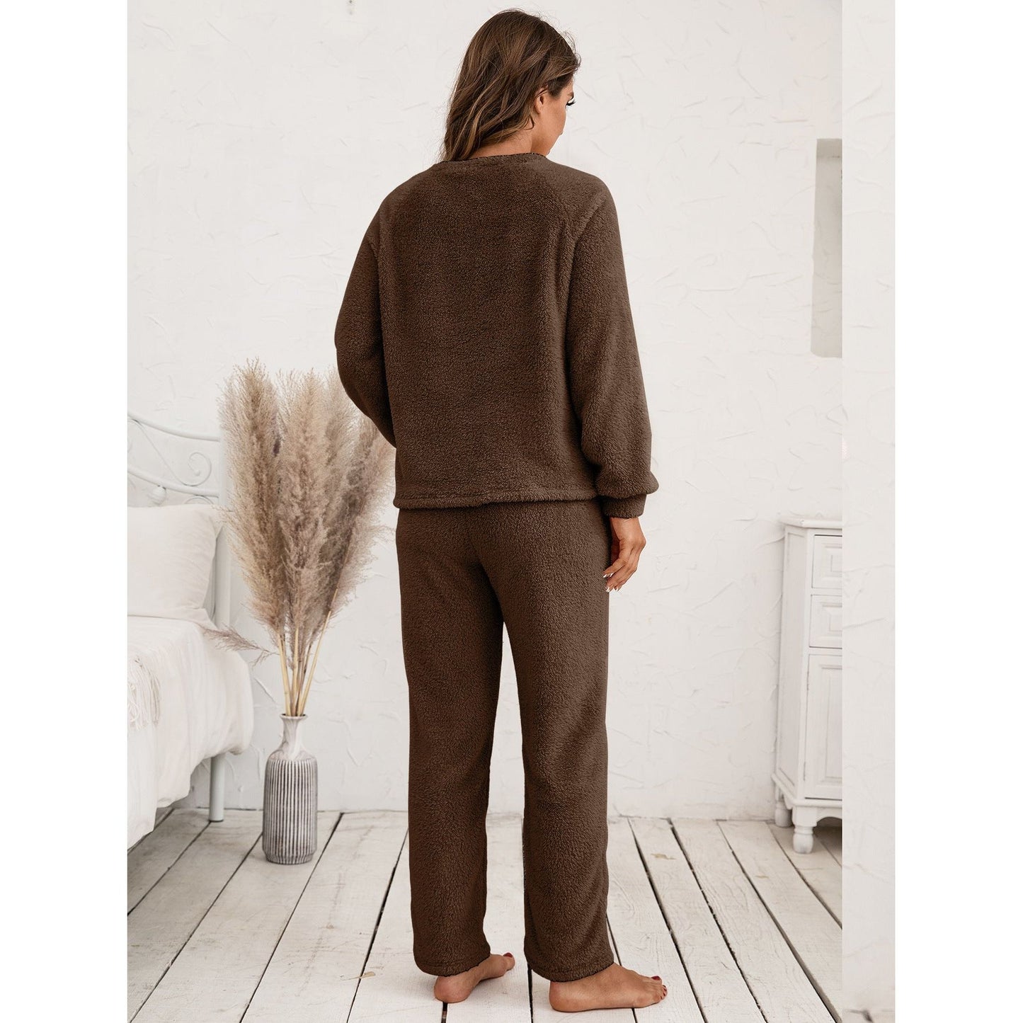 Ivy Lane Teddy Long Sleeve Top and Pants Lounge Set