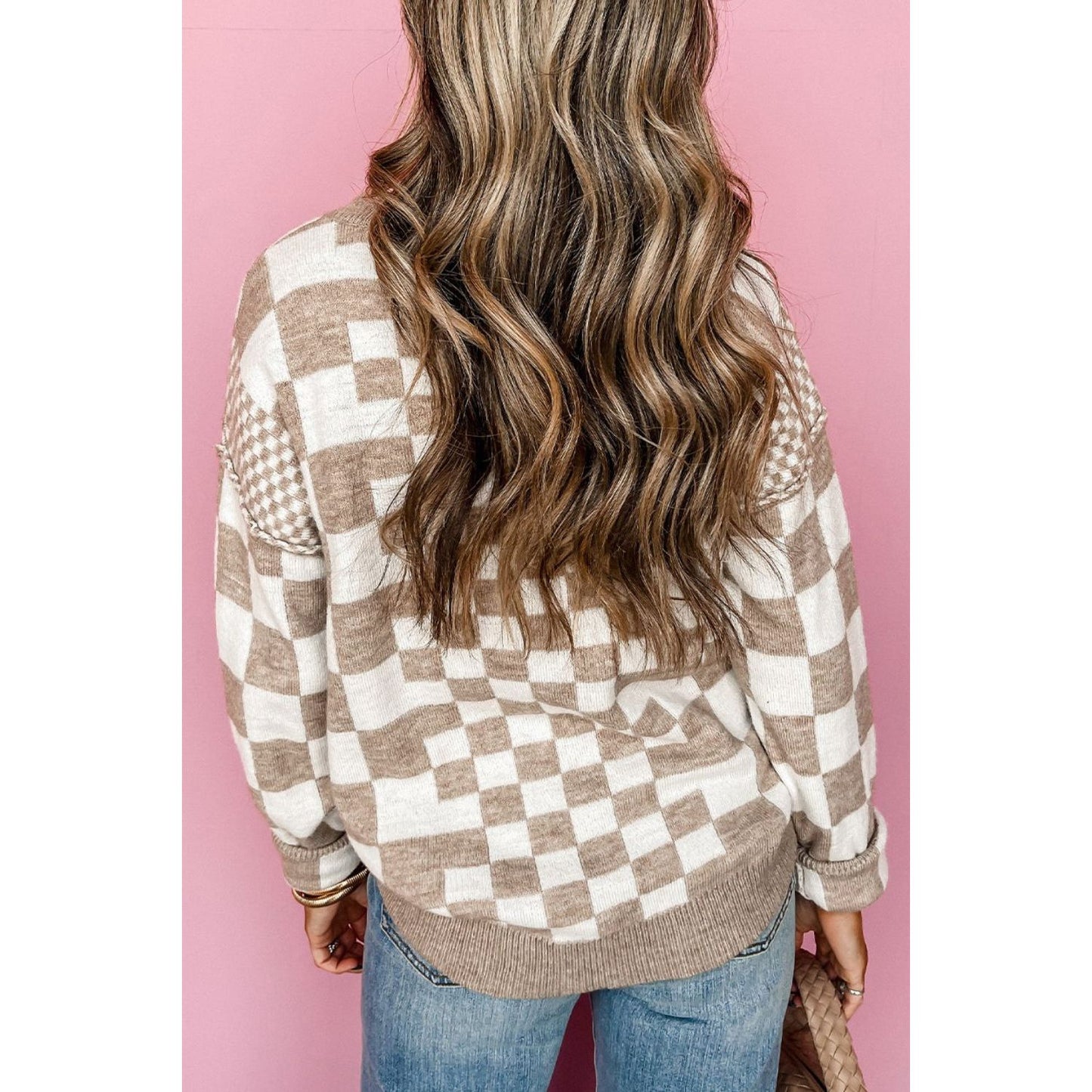 Checkered Round Neck Long Sleeve Sweater