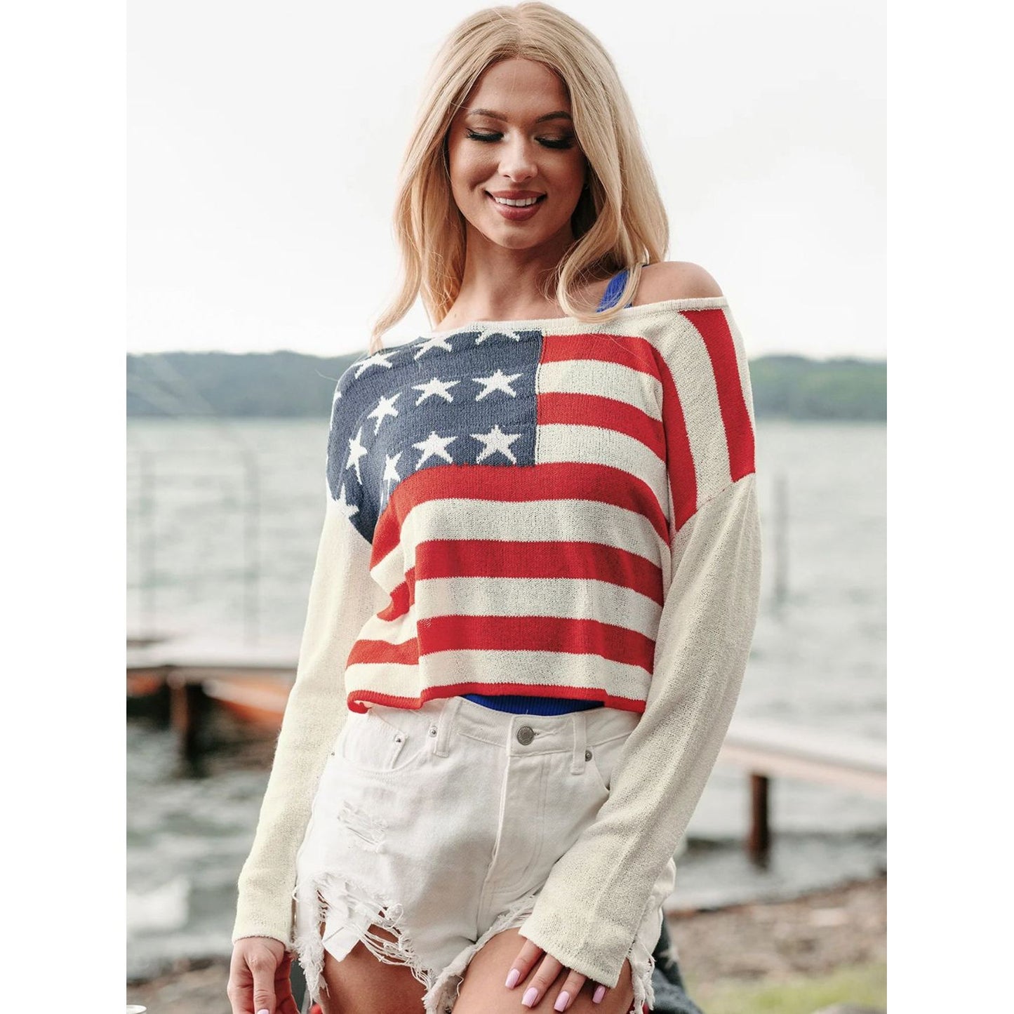 Perfee US Flag Boat Neck Long Sleeve Knit Top