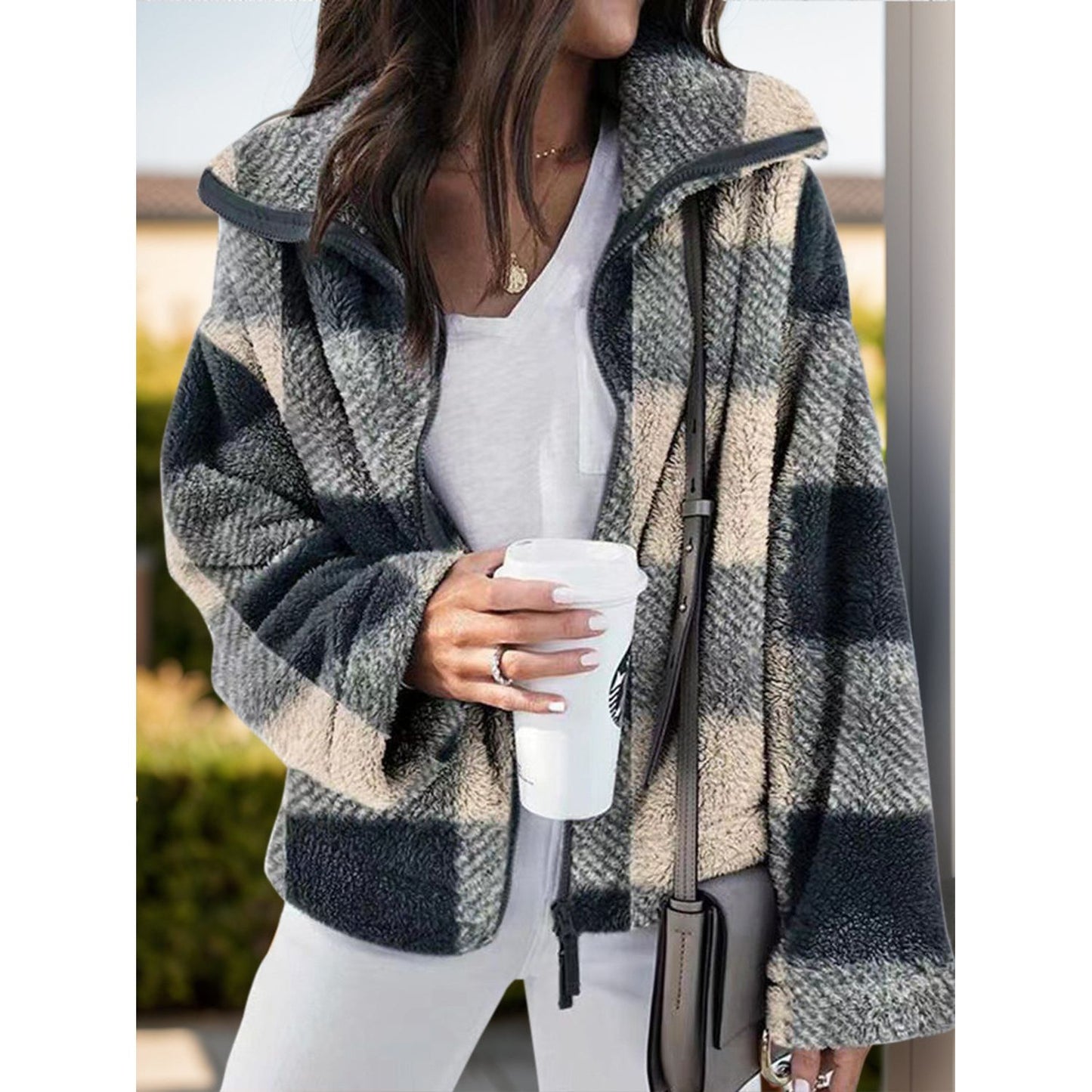 Full Size Plaid Zip Up Long Sleeve Jacket