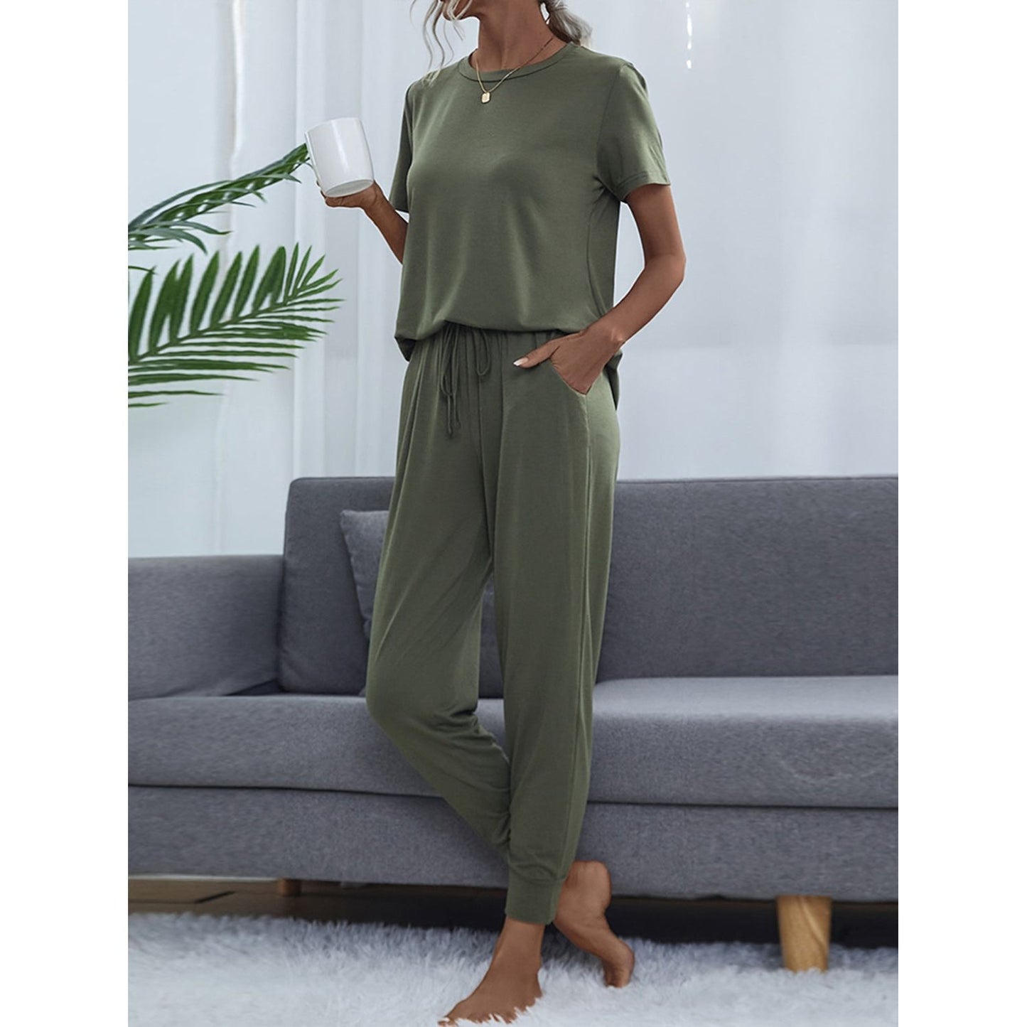 Shiny Round Neck Short Sleeve Top and Pants Set