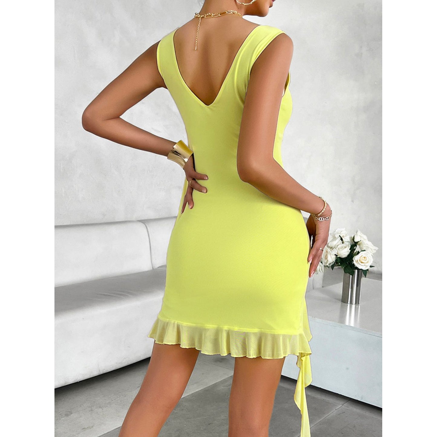 Devine Ruffled V-Neck Sleeveless Mini Dress