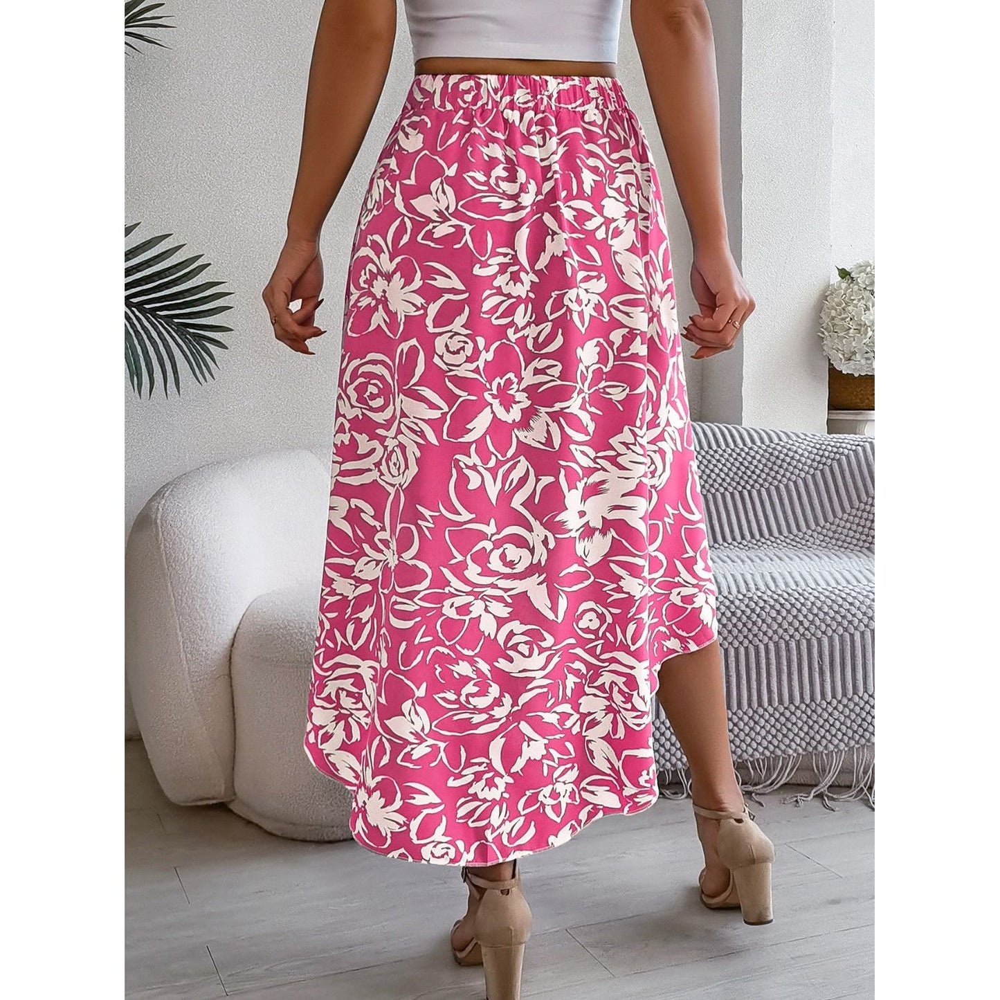 High-Low Printed High Waist Skirt