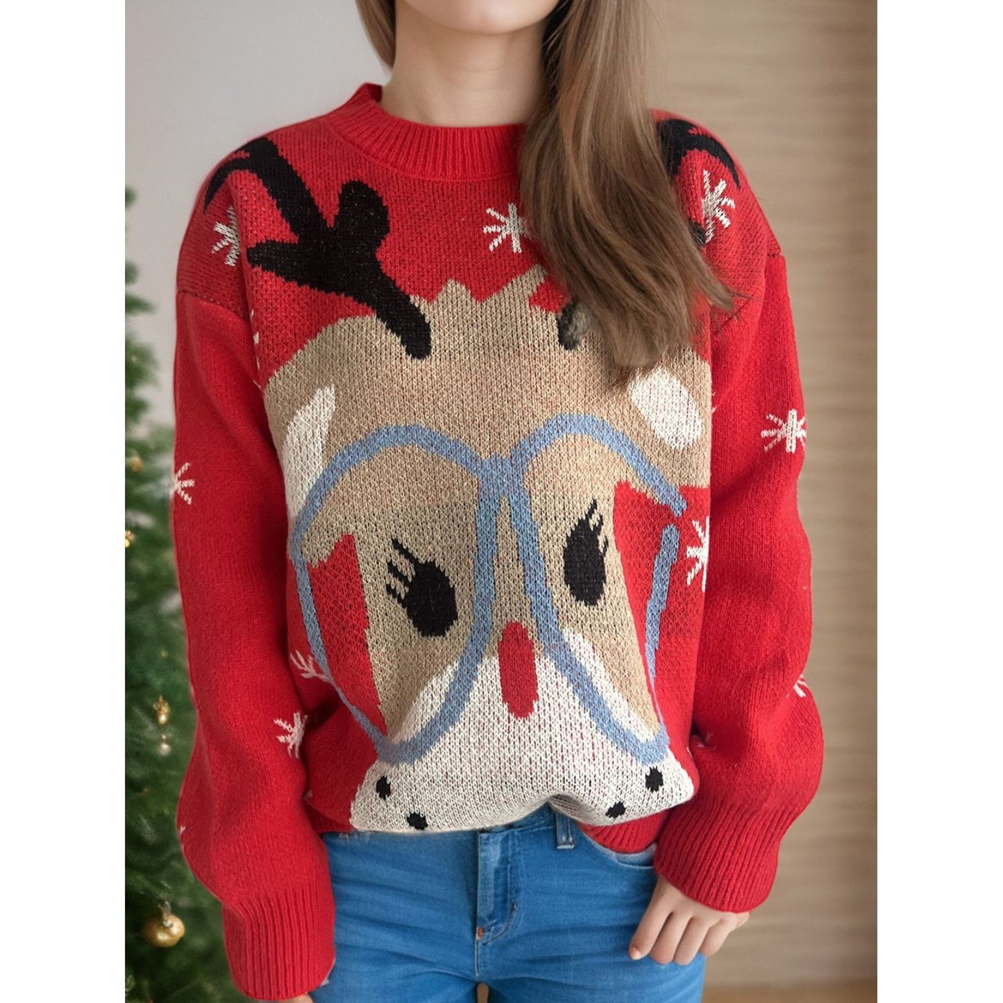 Reindeer Round Neck Dropped Shoulder Sweater