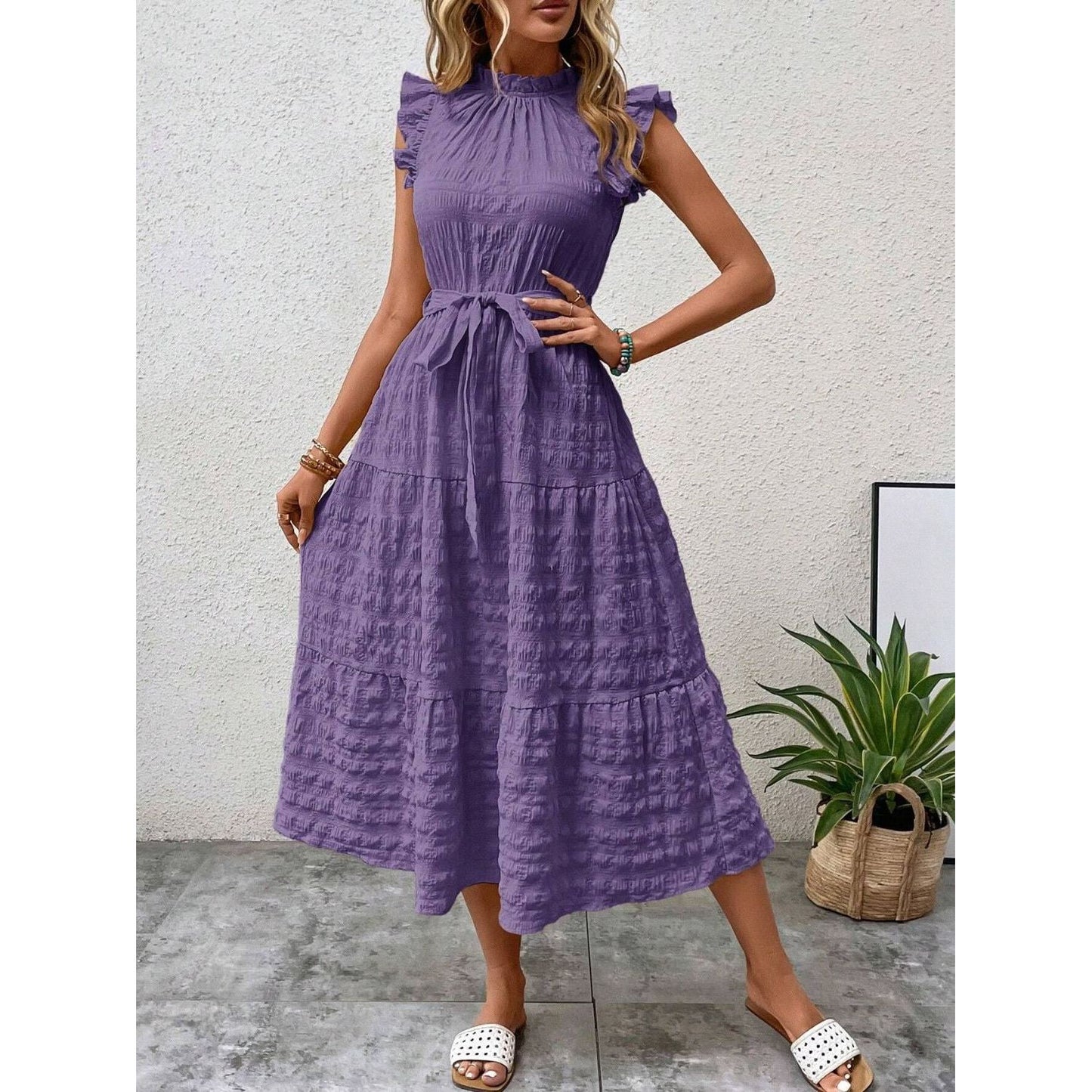 Tied Ruffled Cap Sleeve Midi Dress