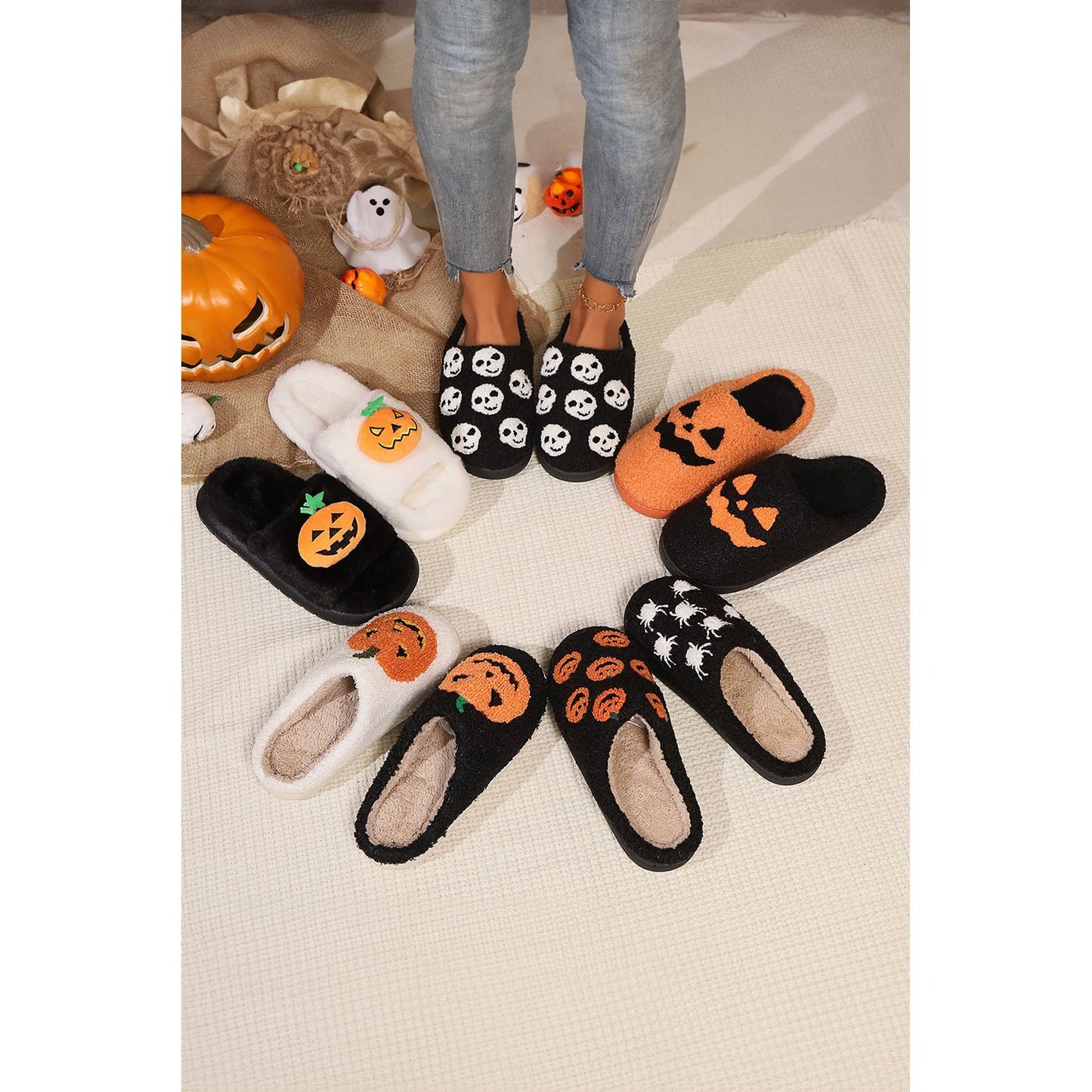 White Halloween Pumpkin Print Plush Slippers (Runs Small, Size Up)