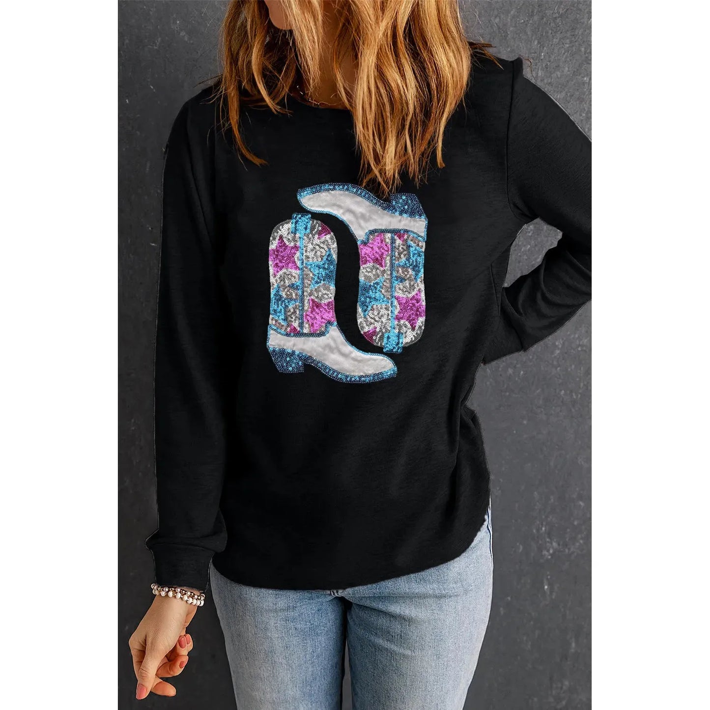 Boots Round Neck Long Sleeve Sweatshirt