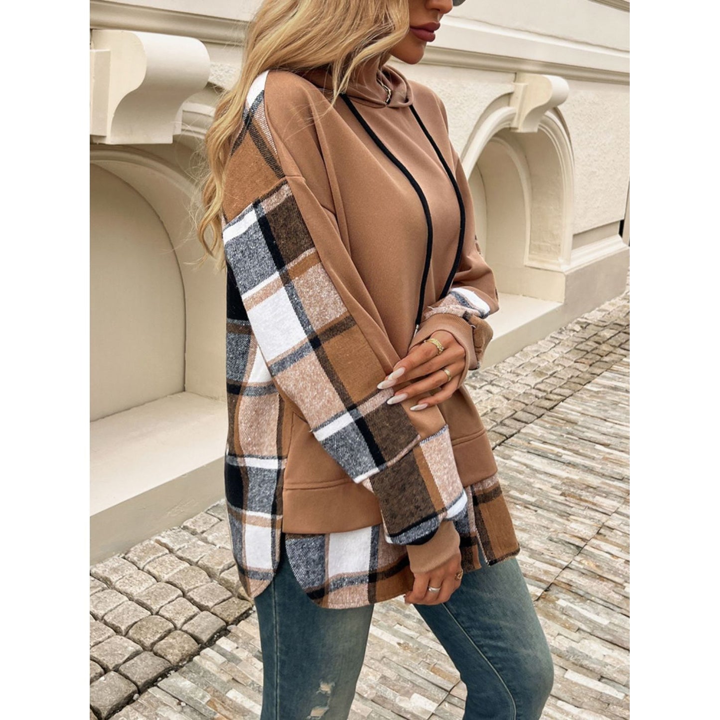 Devine Drawstring Plaid Long Sleeve Hoodie