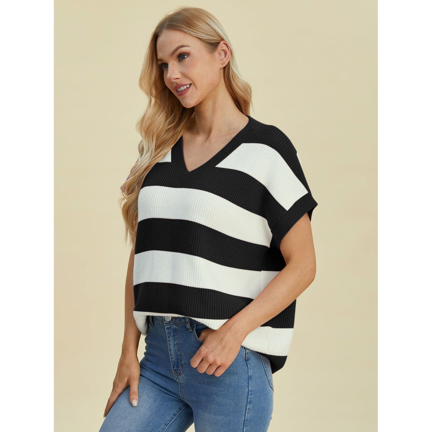 Double Take Full Size Striped V-Neck Short Sleeve Sweater