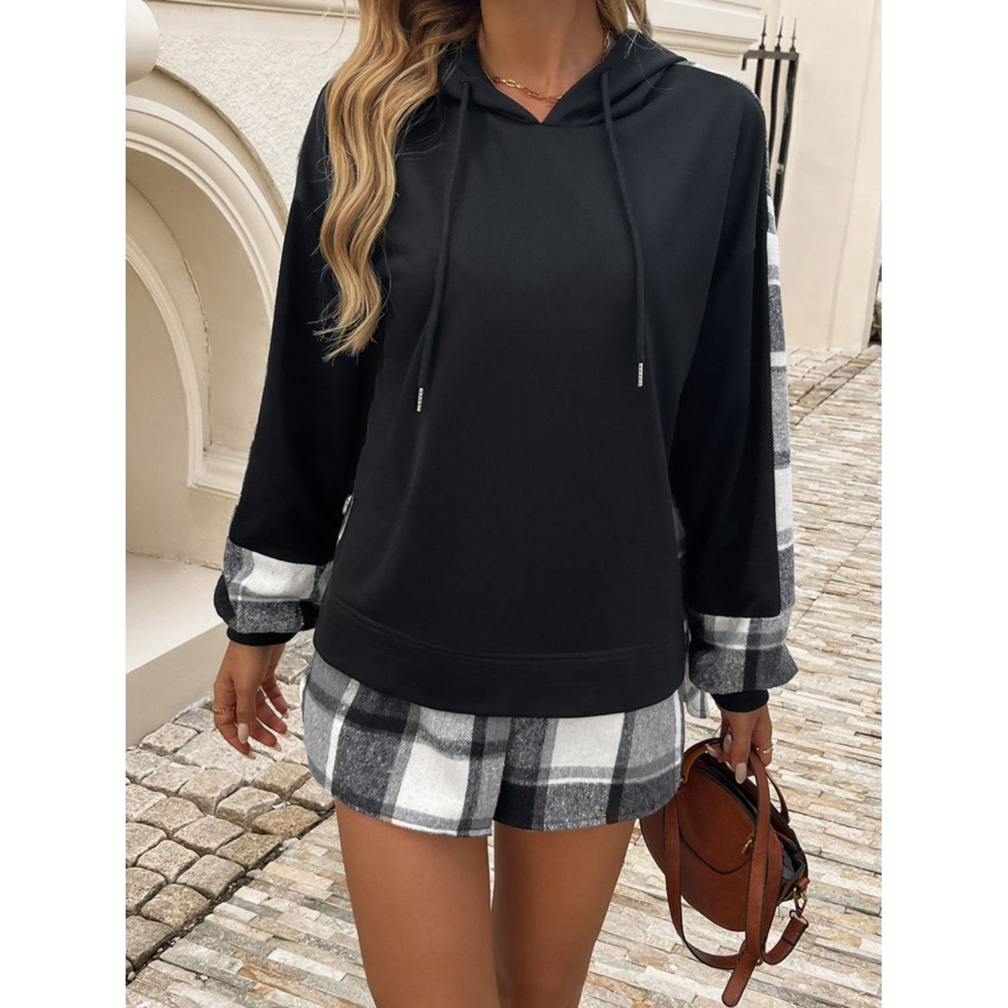 Devine Drawstring Plaid Long Sleeve Hoodie