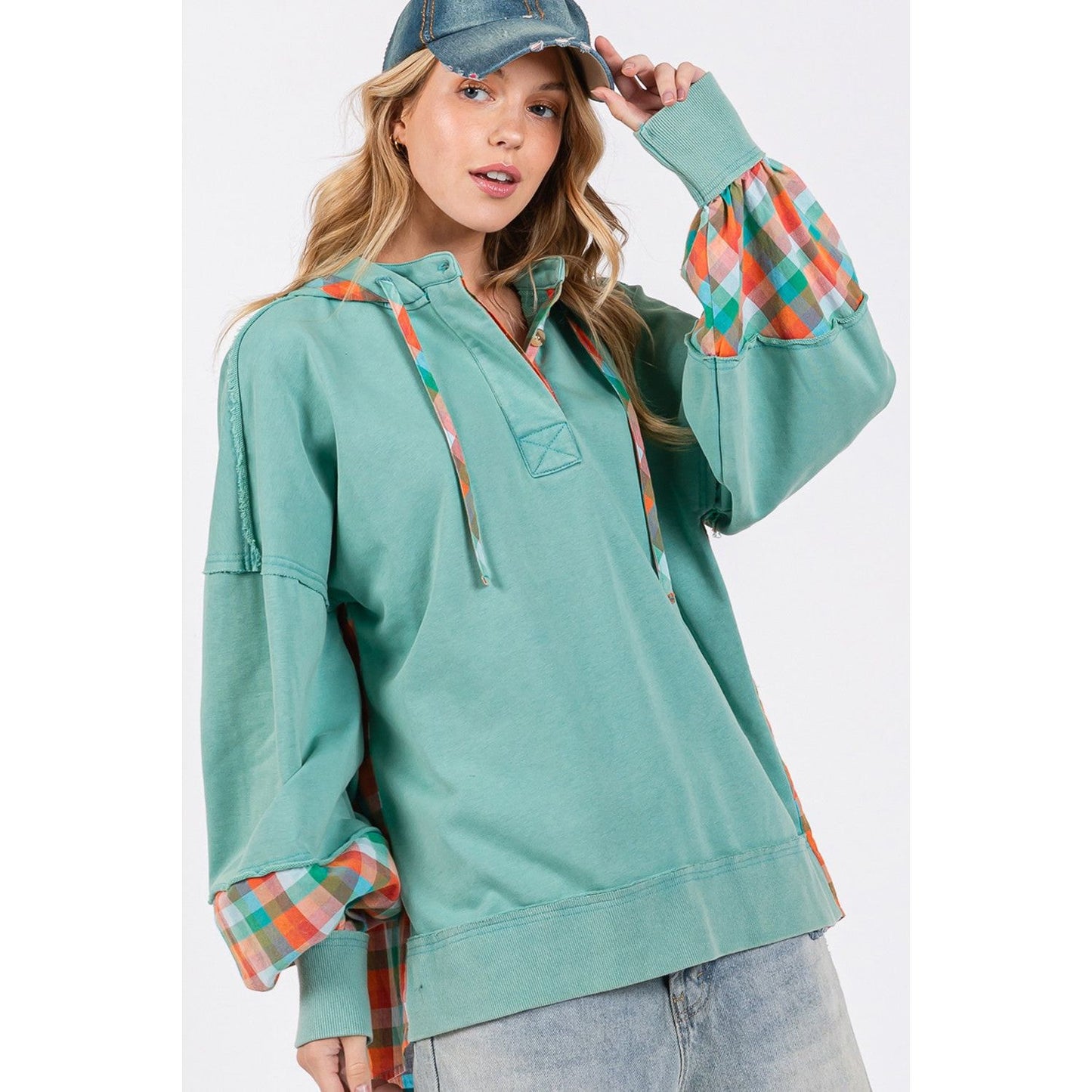 SAGE + FIG Full Size Plaid Print Washed Hoodie