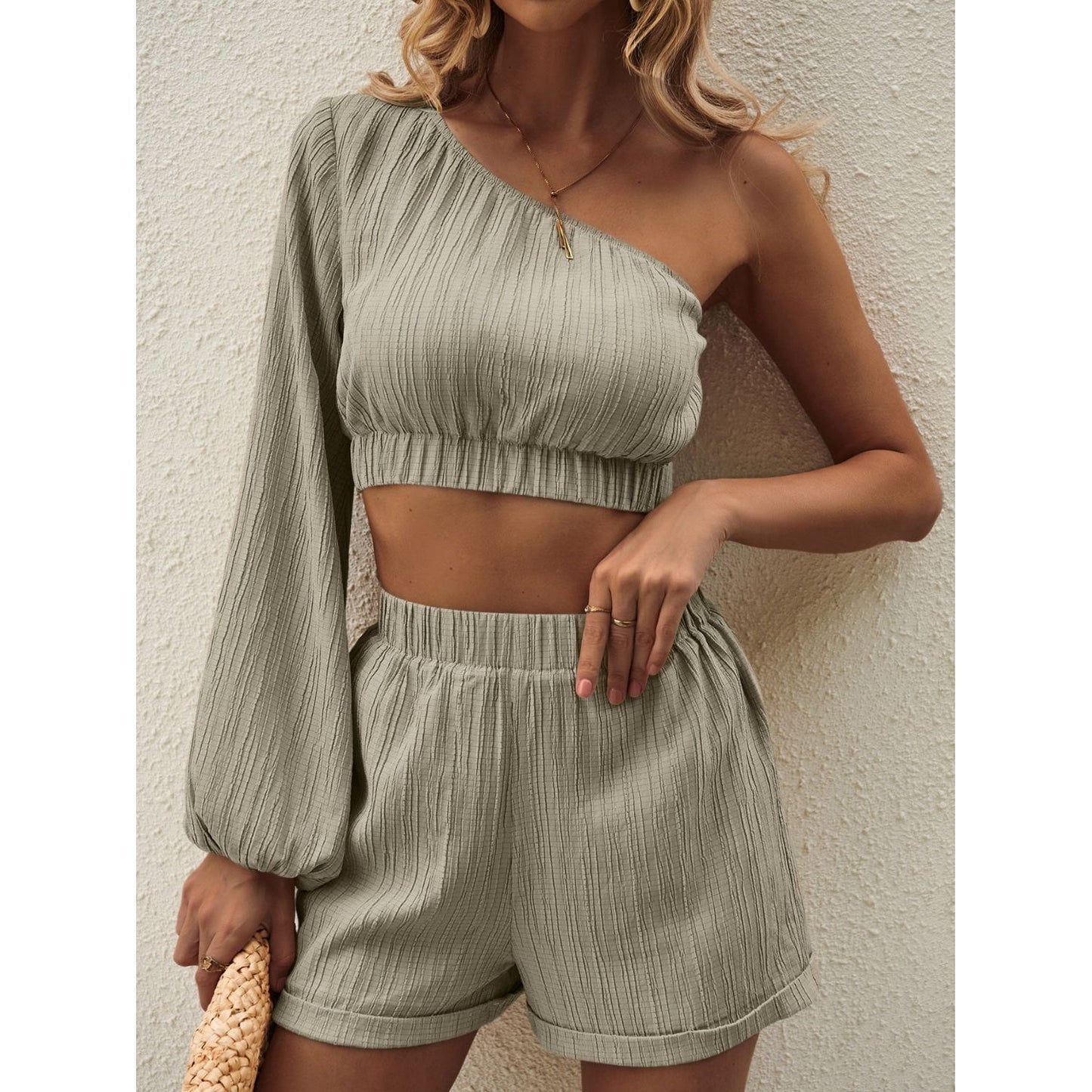 Honey One Shoulder Long Sleeve Top and Shorts Set