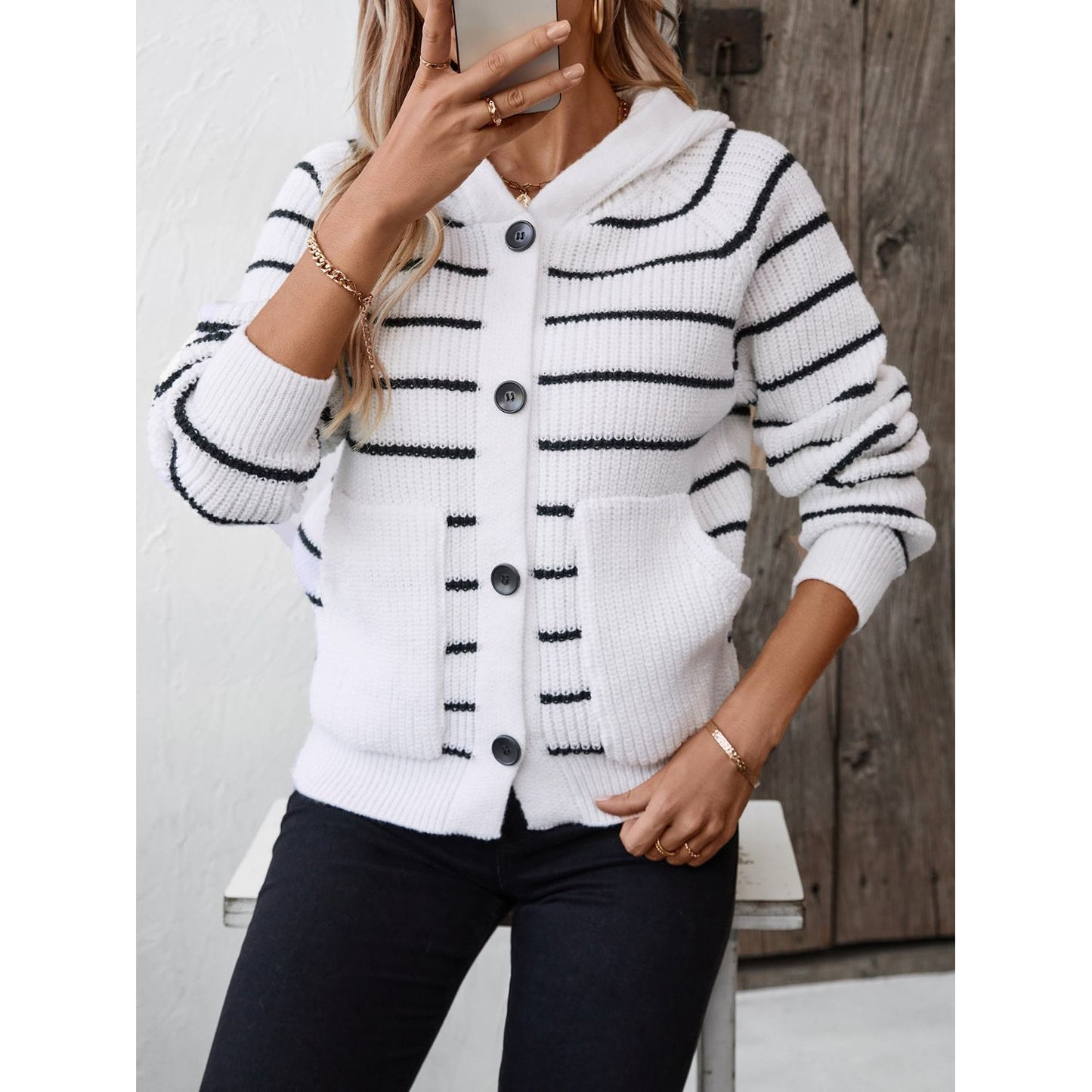 Striped Button Up Long Sleeve Hooded Cardigan