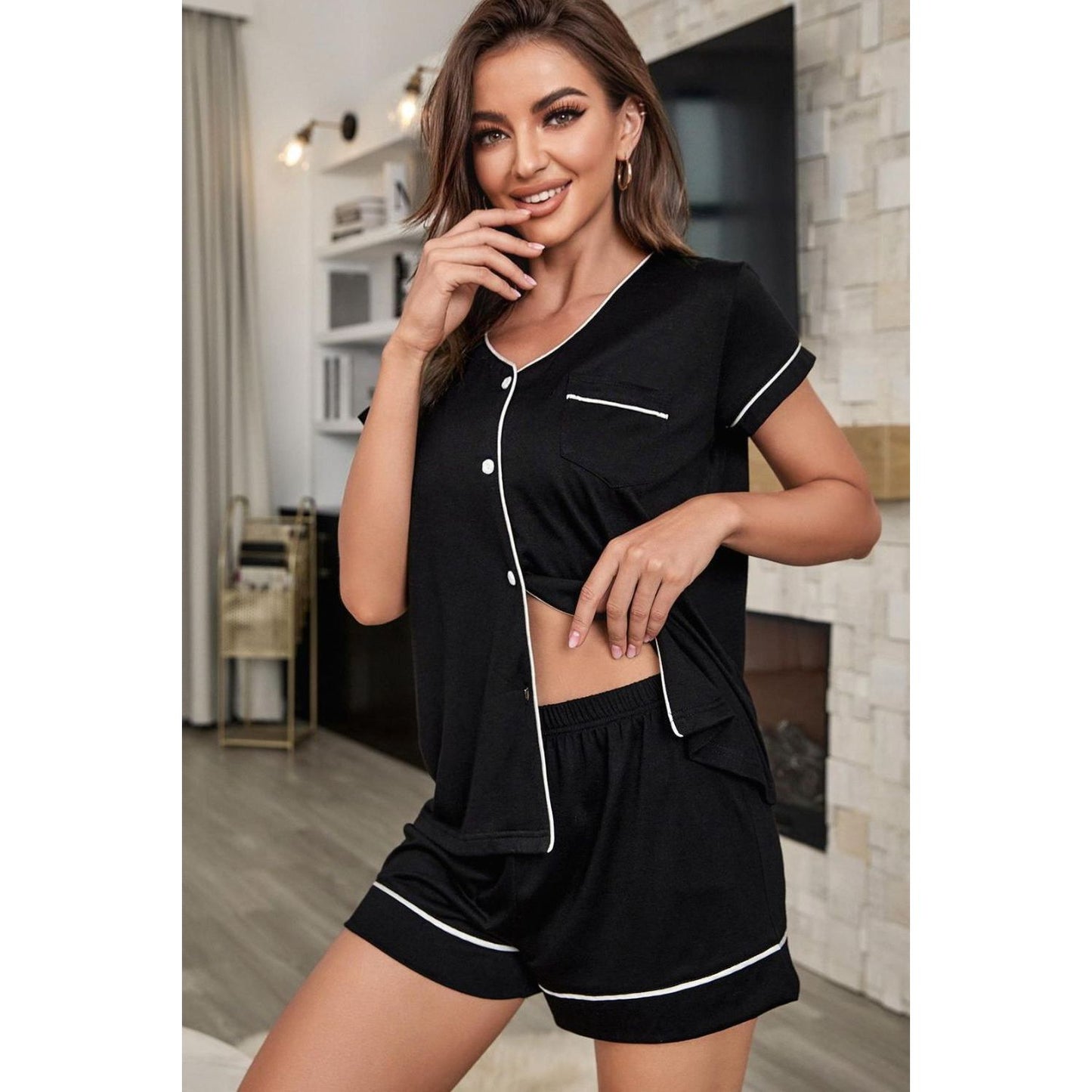 Contrast Piping Button-Up Top and Shorts Pajama Set