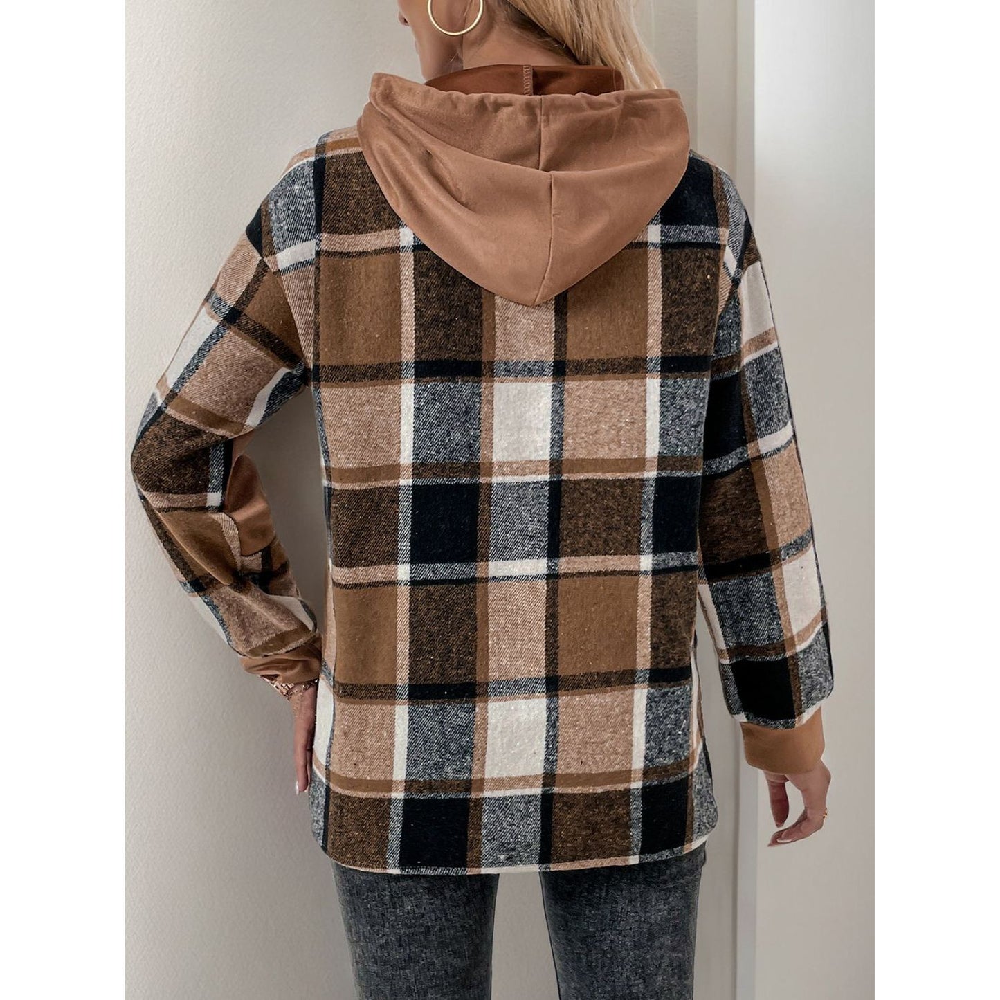 Perfee Drawstring Slit Plaid Long Sleeve Hoodie