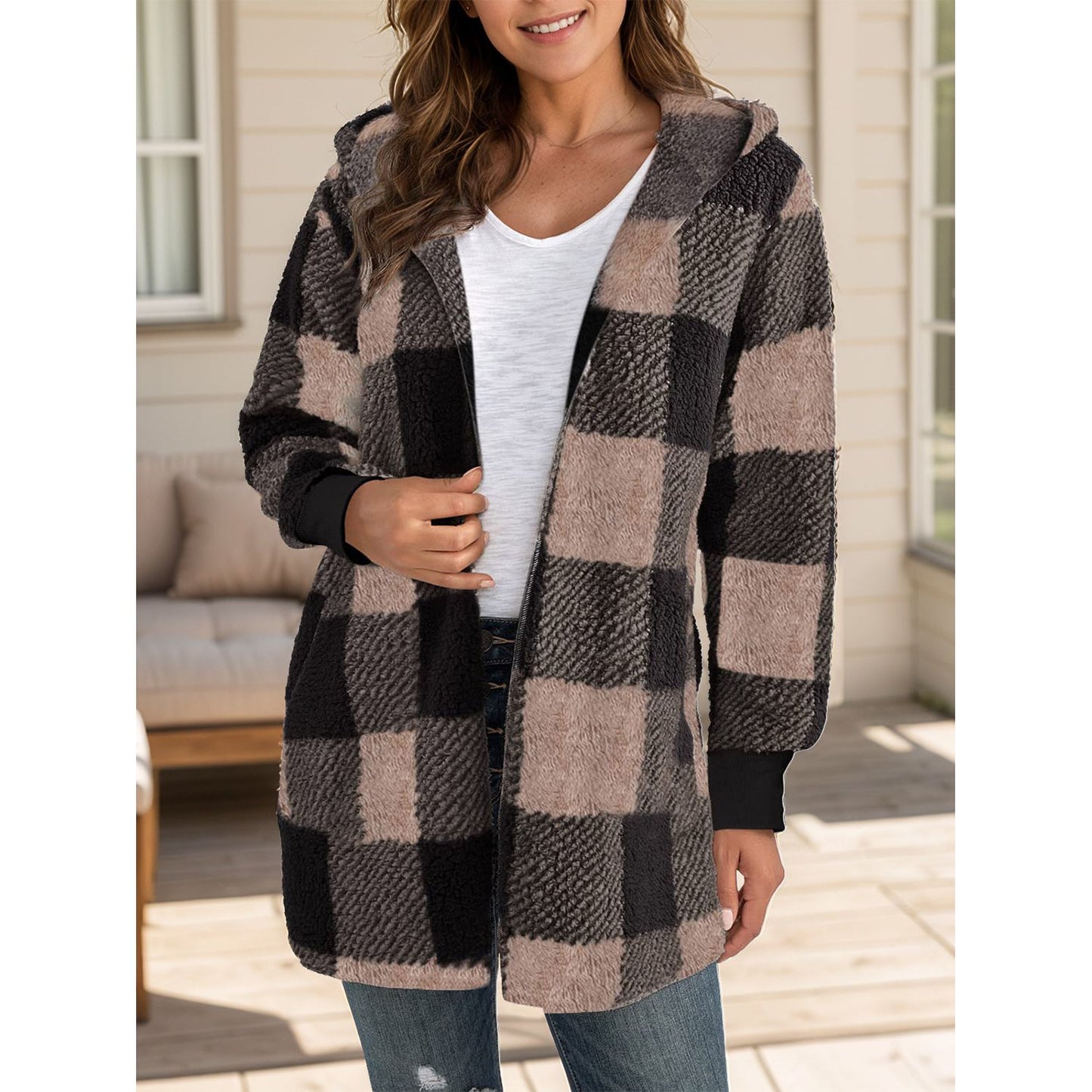 Plaid Long Sleeve Hooded Coat