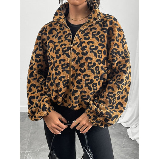 Leopard Zip Up Long Sleeve Jacket