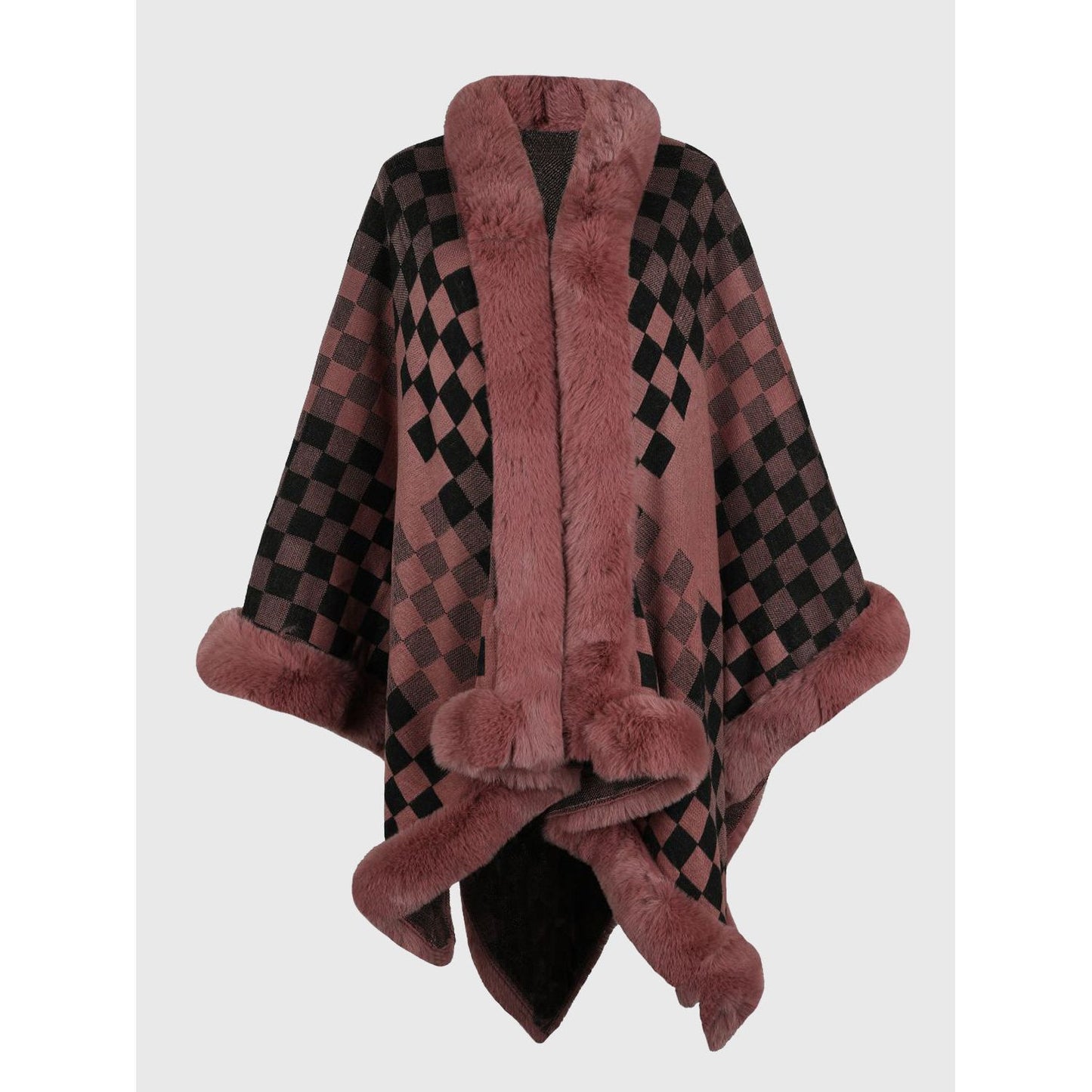 Checkered Faux Fur Trim Poncho