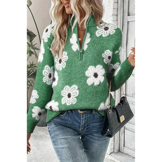 Flower Half Zip Long Sleeve Sweater