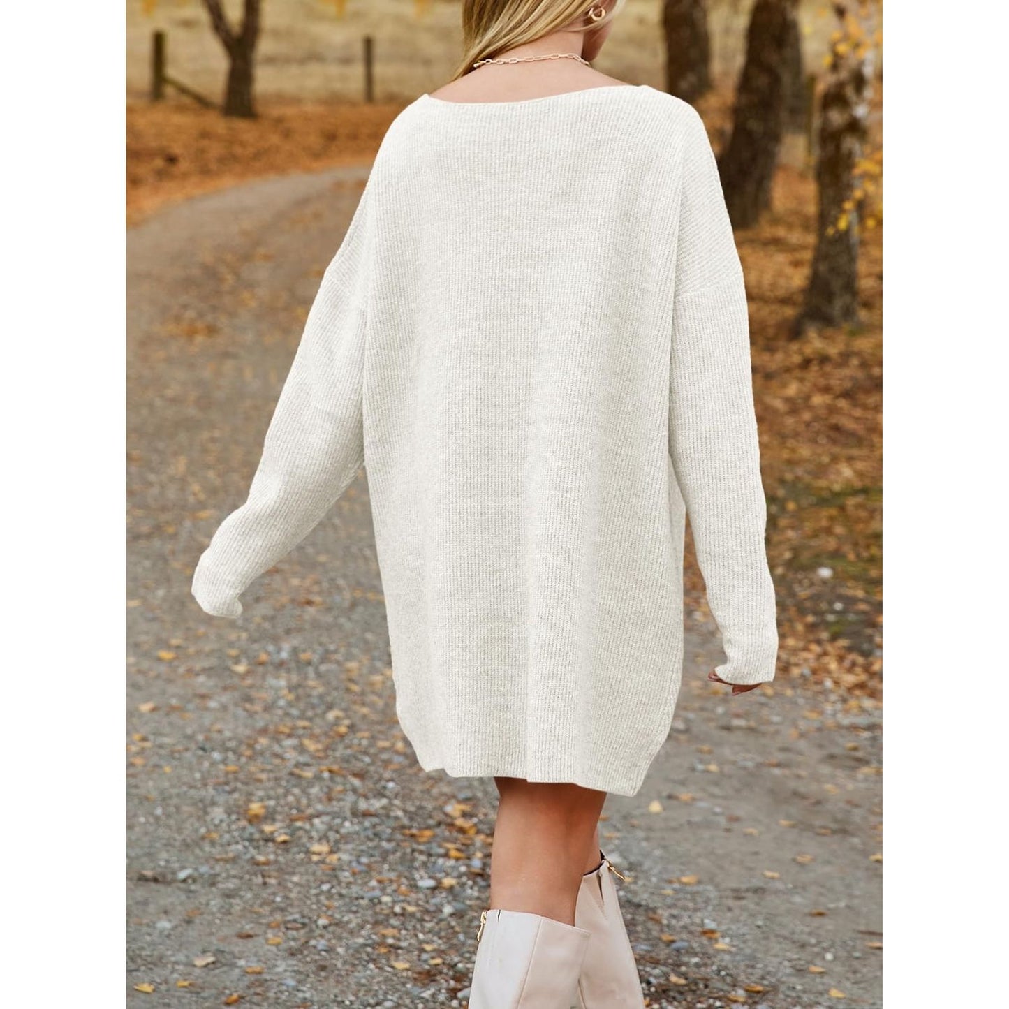 V-Neck Dropped Shoulder Sweater Dress