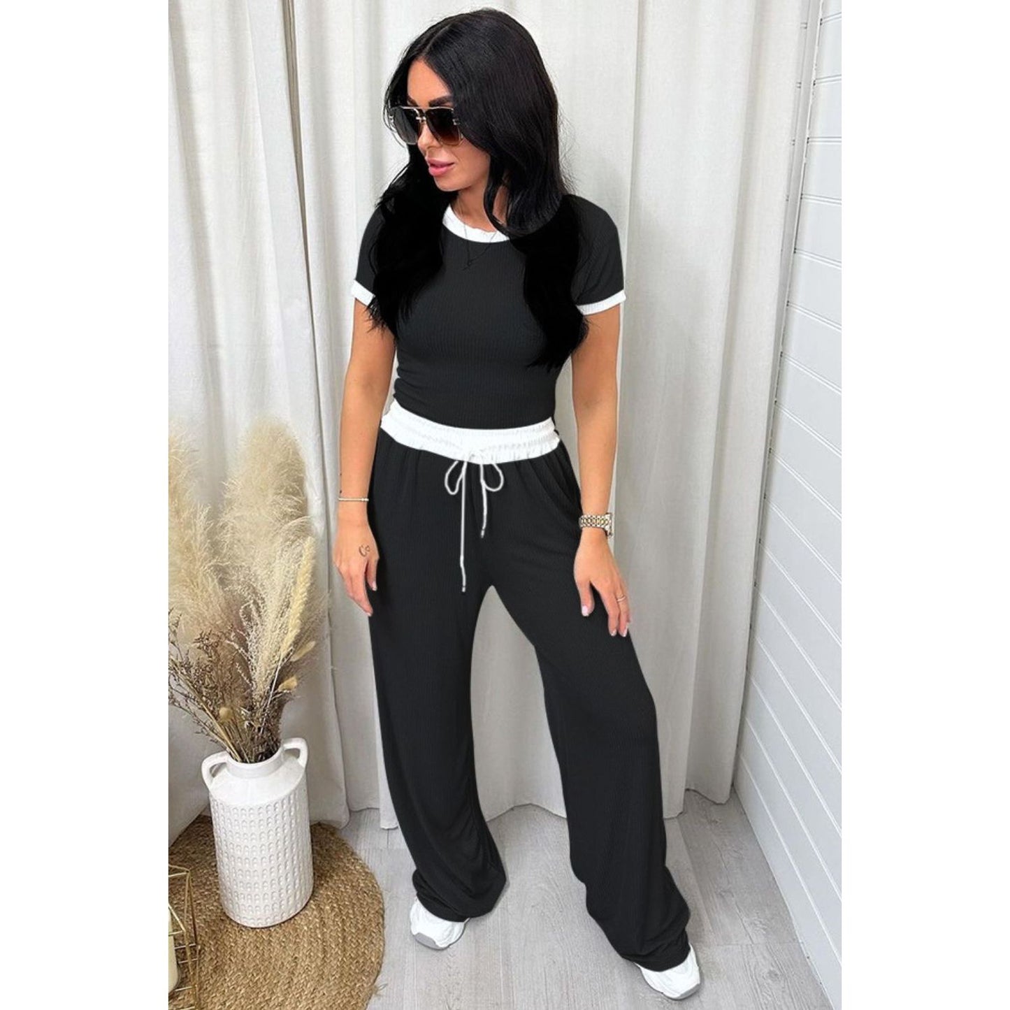 Contrast Trim Round Neck Top and Pants Set