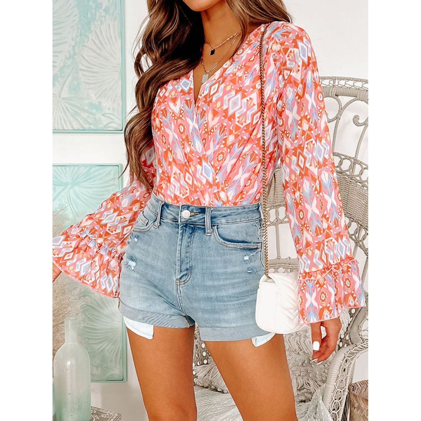 Printed Surplice Neck Frill Trim Bodysuit