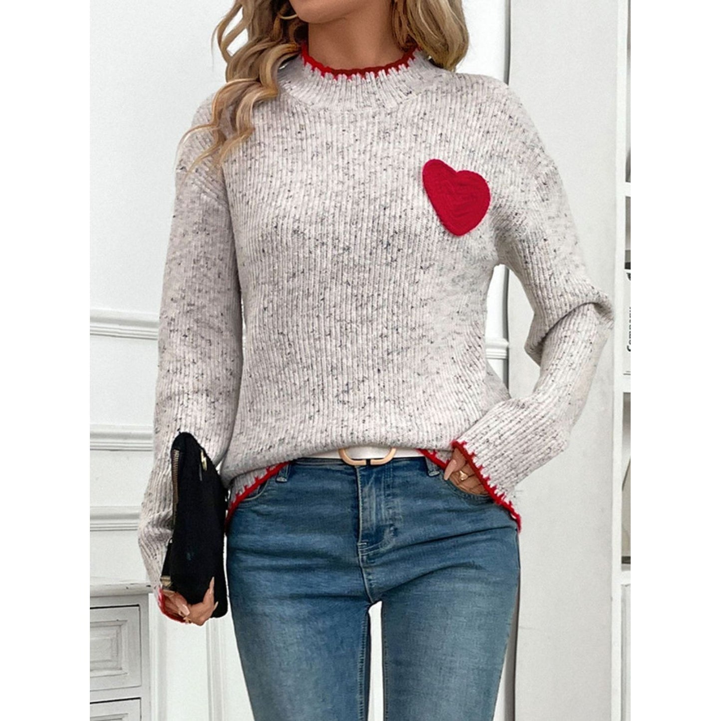 Perfee Contrast Heart Round Neck Long Sleeve Sweater