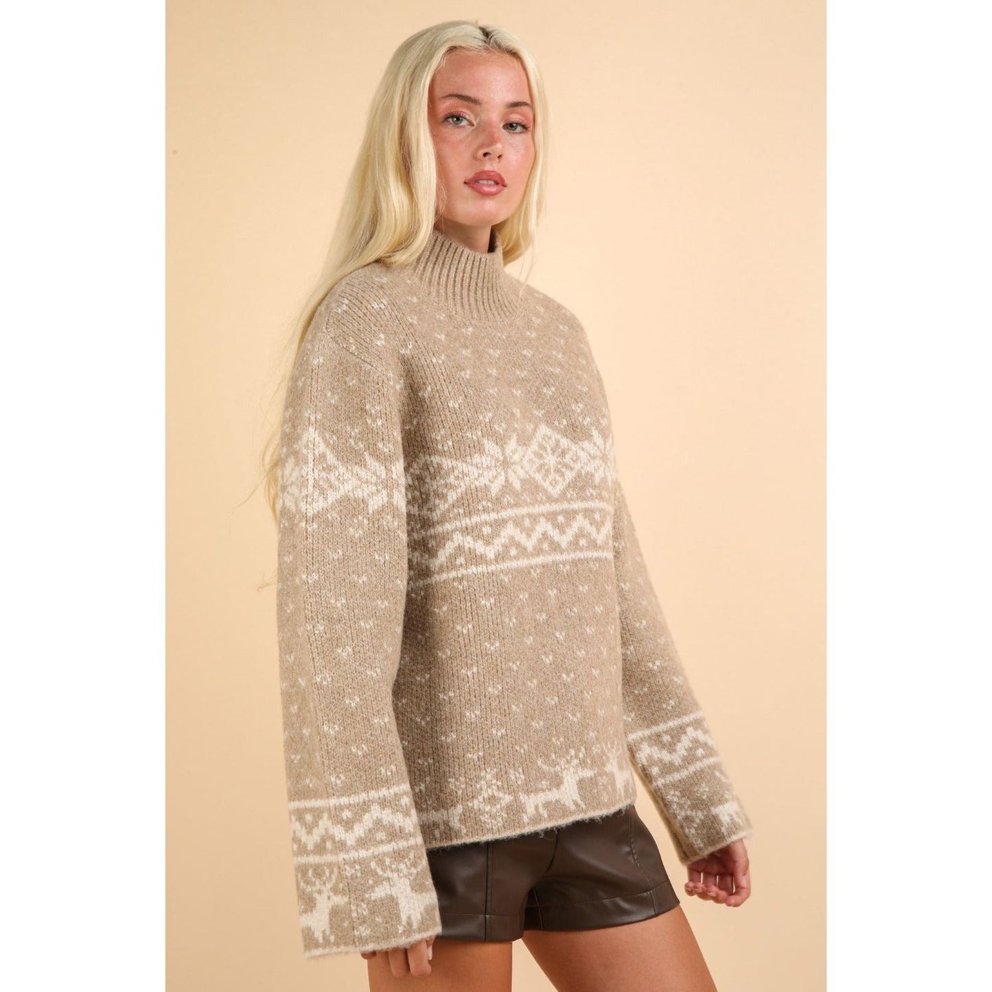 VERY J Christmas Element Mock Neck Long Sleeve Sweater