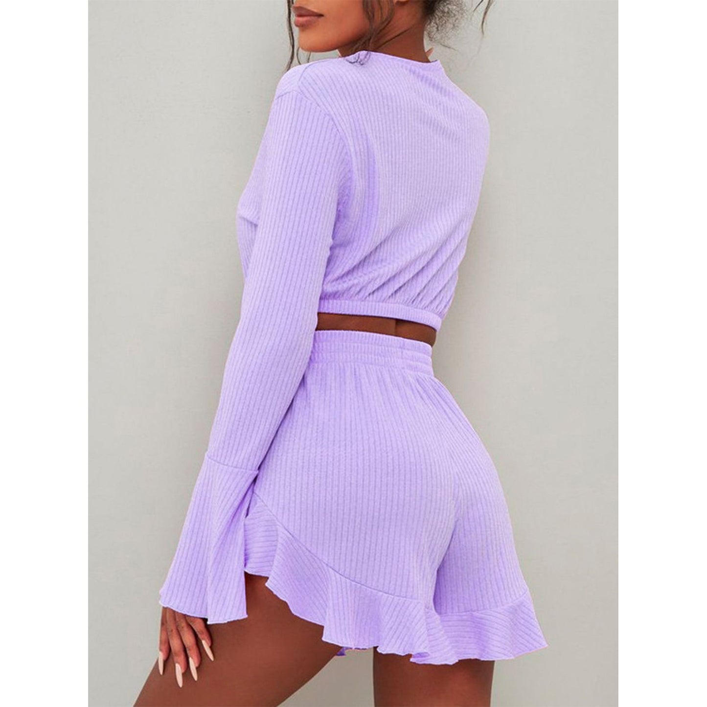 Round Neck Long Sleeve Top and Ruffled Shorts Set