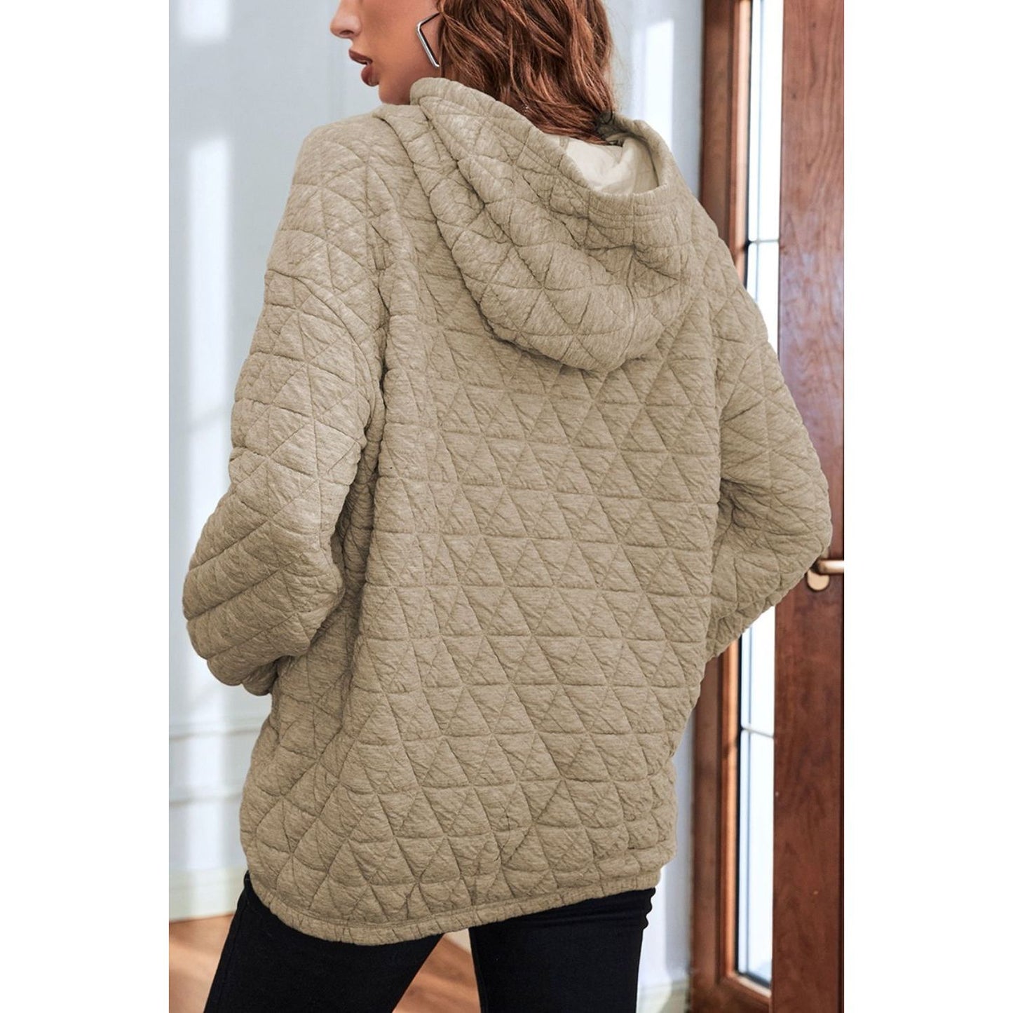 Quilted Long Sleeve Hoodie with Pocket