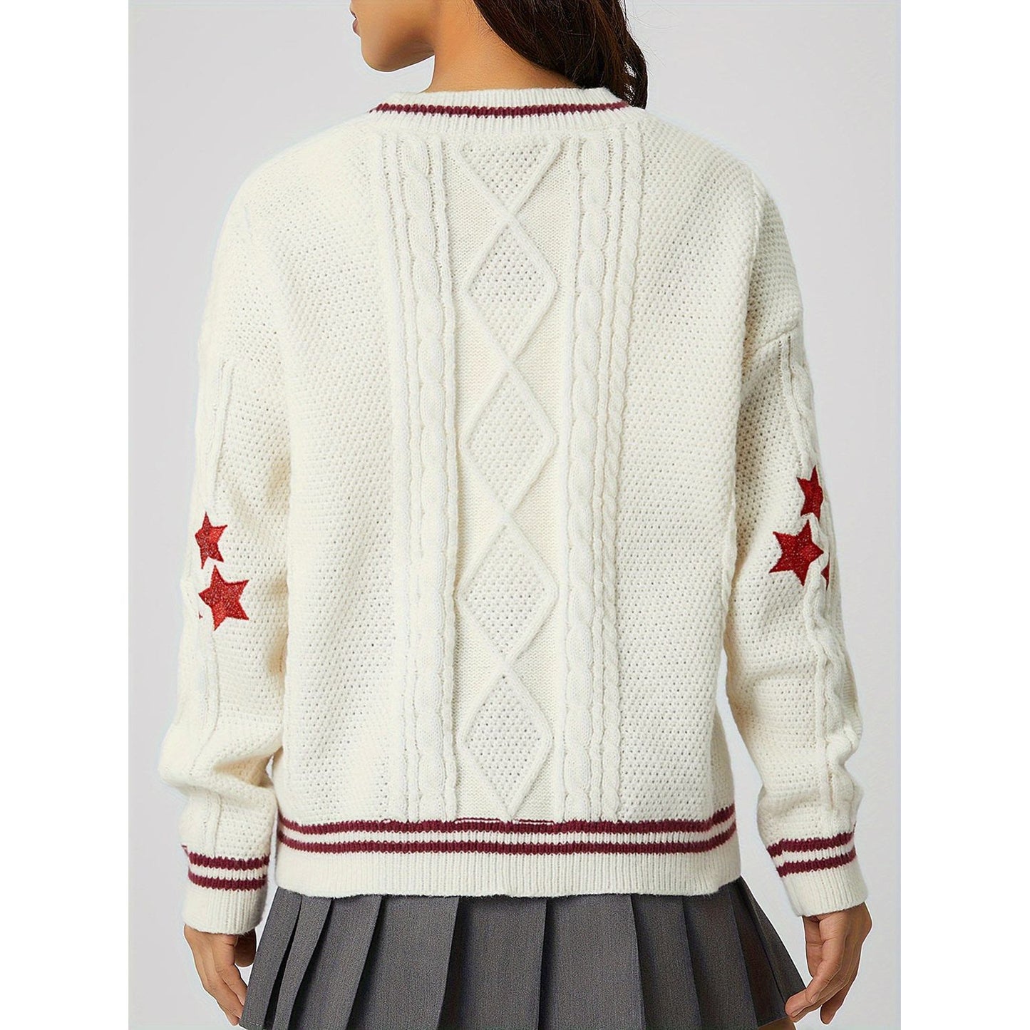 Star Embroidered V-Neck Long Sleeve Cardigan