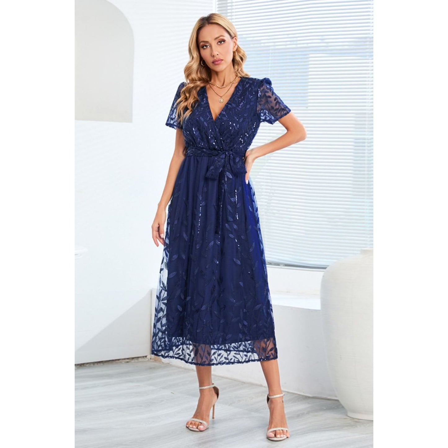 Sequin Leaf Embroidery Tie Front Short Sleeve Dress