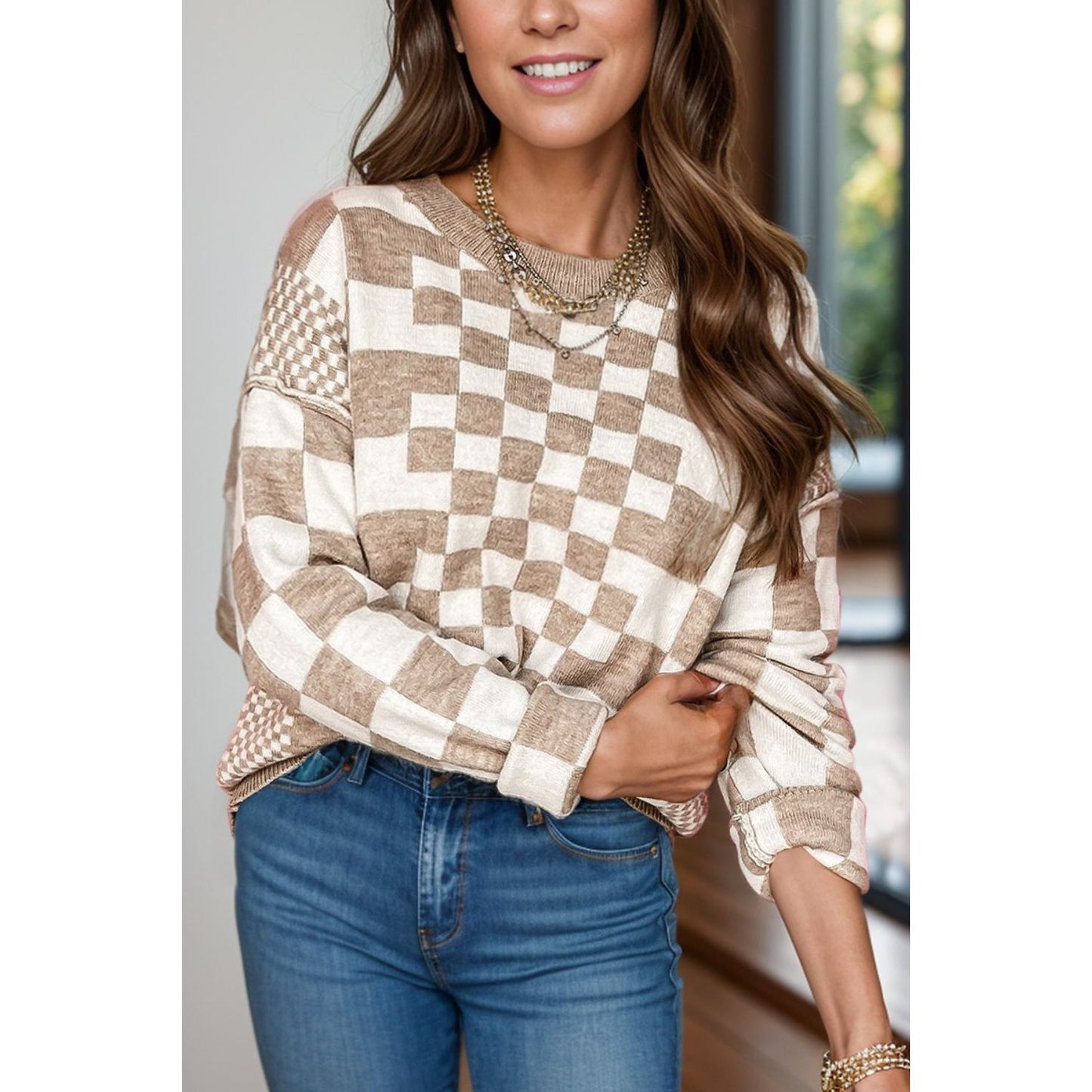 Checkered Round Neck Long Sleeve Sweater