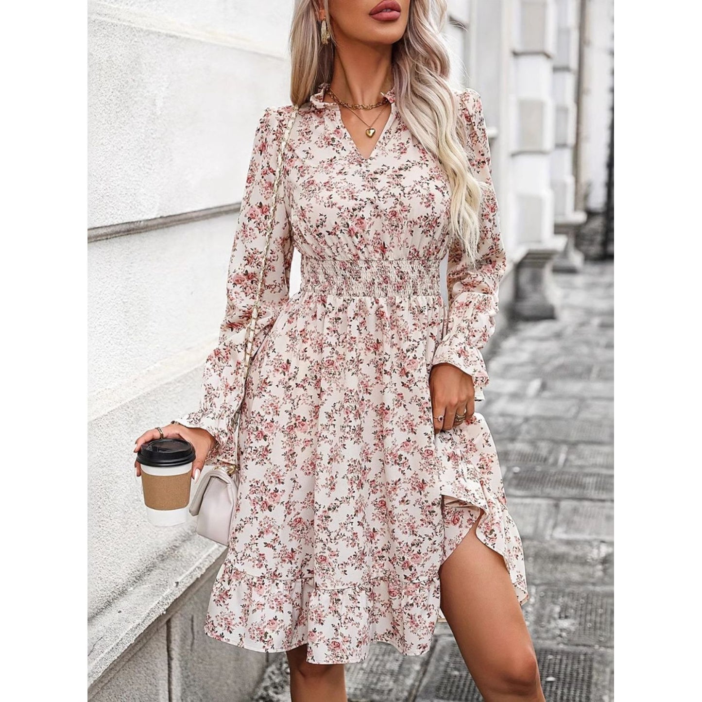 Ruffle Hem Floral Surplice Long Sleeve Dress