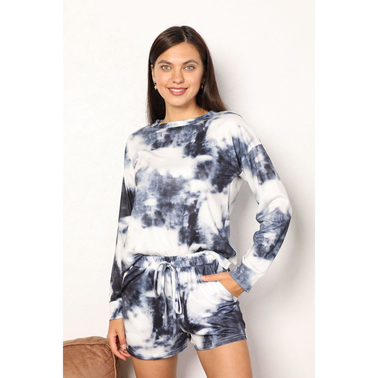 Shiny Tie-Dye Round Neck Top and Shorts Lounge Set