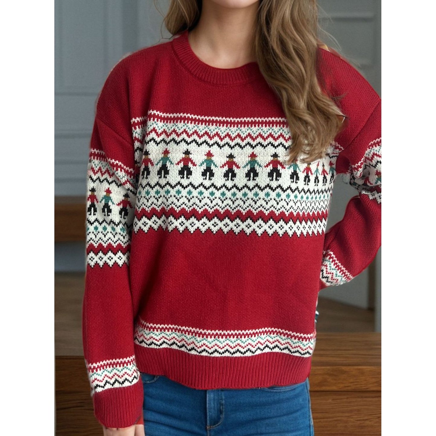 Contrast Round Neck Dropped Shoulder Sweater