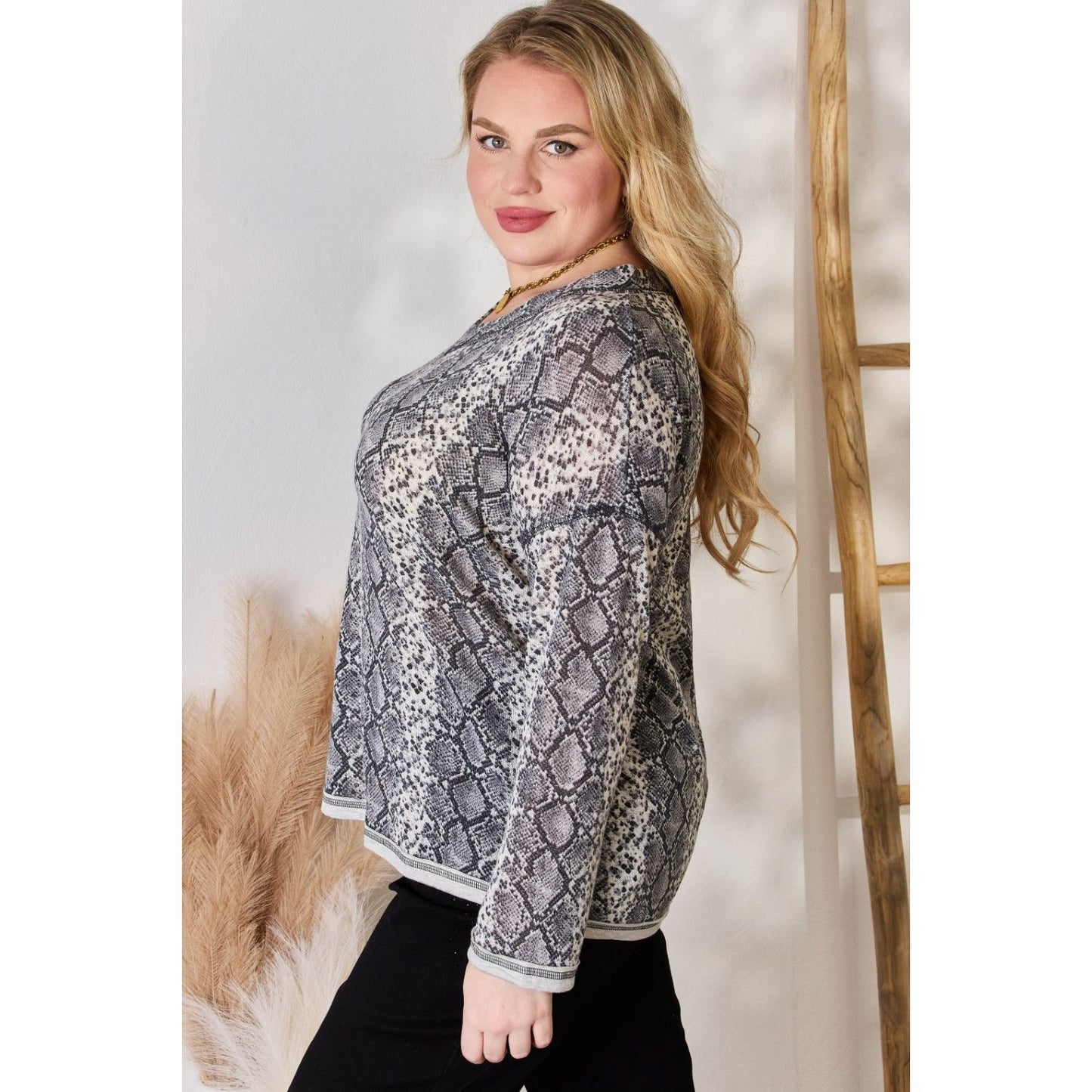 Hailey & Co Full Size Snakeskin V-Neck Long Sleeve Top